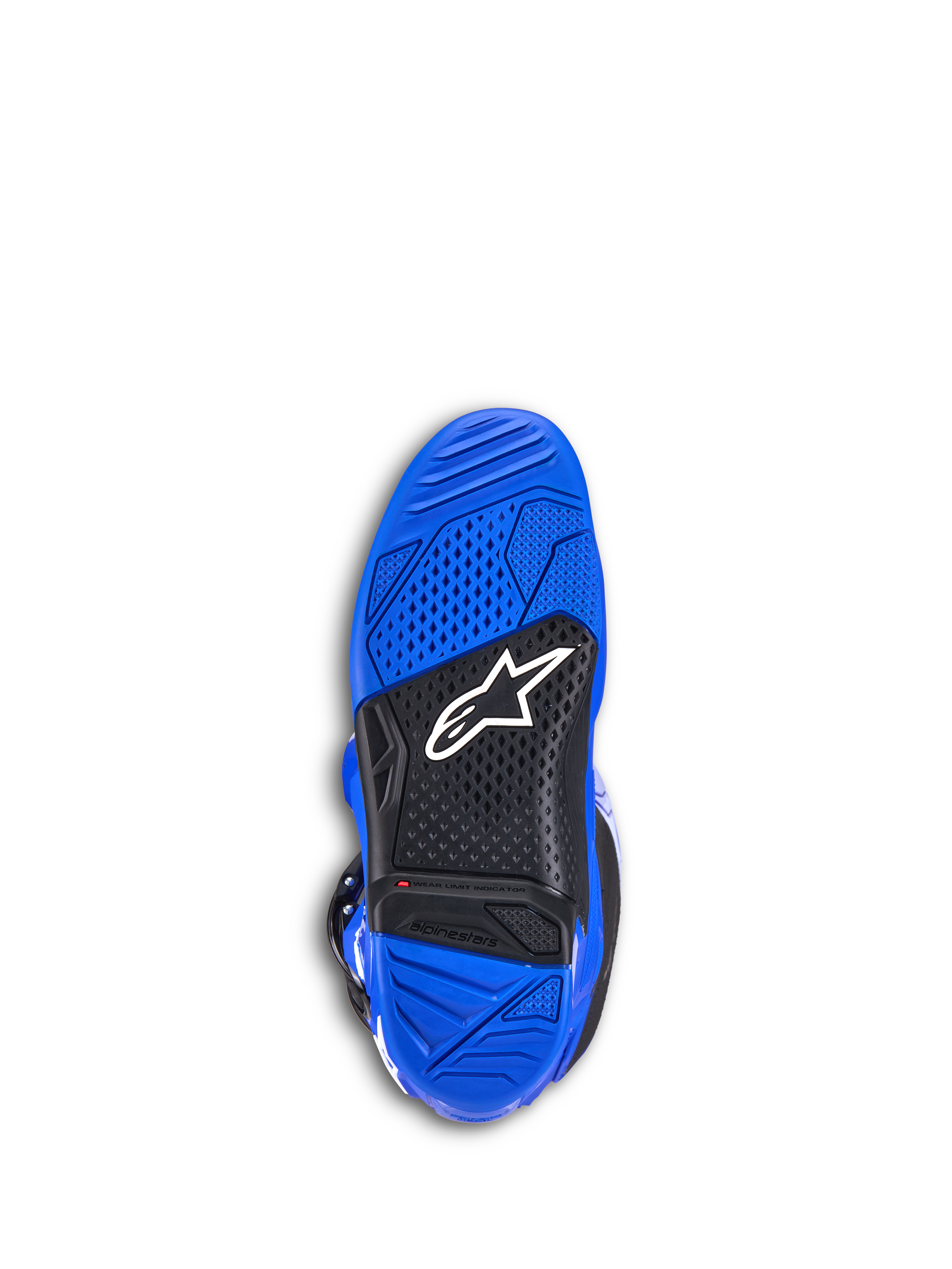 Alpinestars Tech 7 Boots, motocrosslaarzen, blauw, onderaanzicht van de zool met blauw en zwart getextureerd rubber, wit Alpinestars-logo en rode slijtage-indicator, duurzaam off-road schoeisel