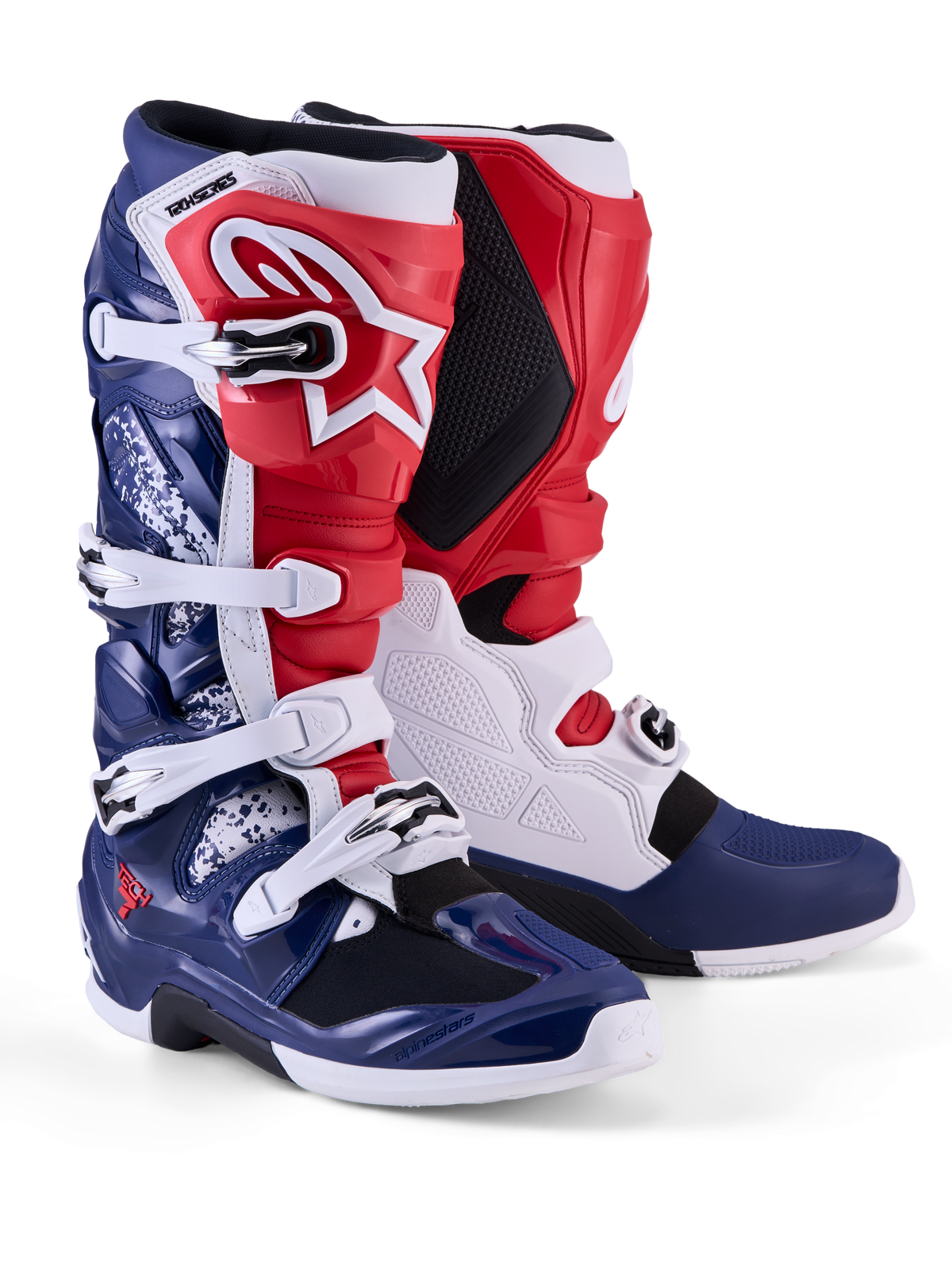 Alpinestars Tech 7 Unity, bottes de motocross pour homme, rouges, blanches et bleues, avec protections en TPU et système de fermeture à boucles, édition limitée