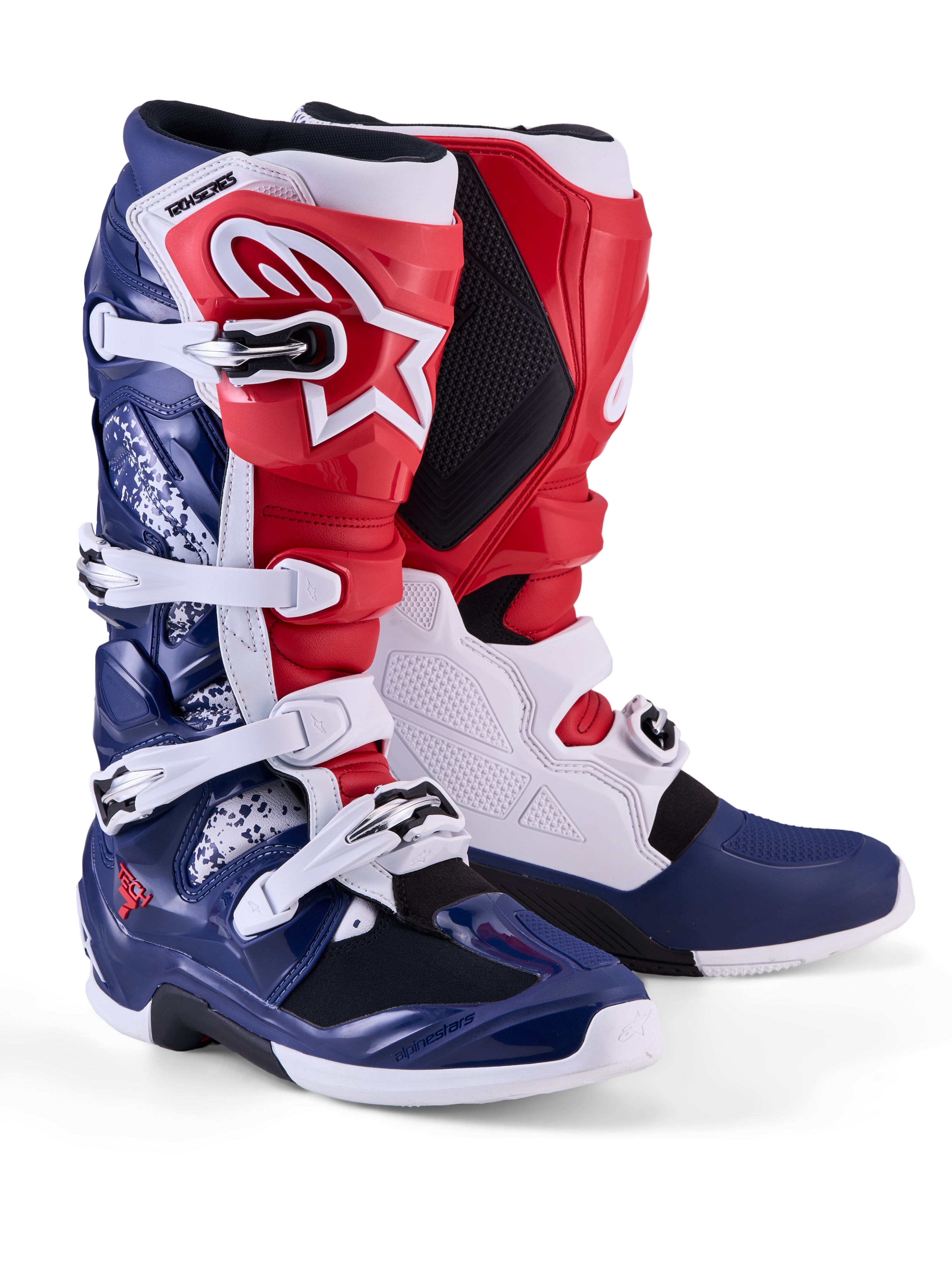 Alpinestars Tech 7 Unity, bottes de motocross pour homme, rouges, blanches et bleues, avec protections en TPU et système de fermeture à boucles, édition limitée