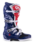 Alpinestars Tech 7 Unity, bottes de motocross pour homme, bleues, blanches et rouges, coque en TPU et fermeture à boucles.