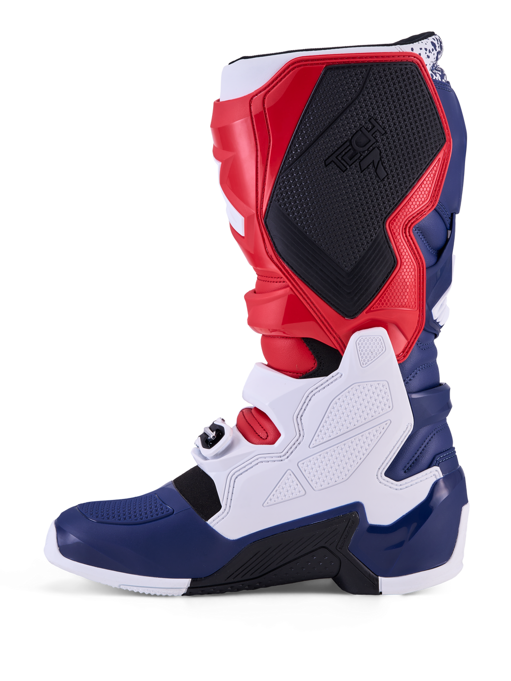 Alpinestars Tech 7 Unity, bottes de motocross édition limitée, rouges, blanches et bleues avec protections TPU et boucles.