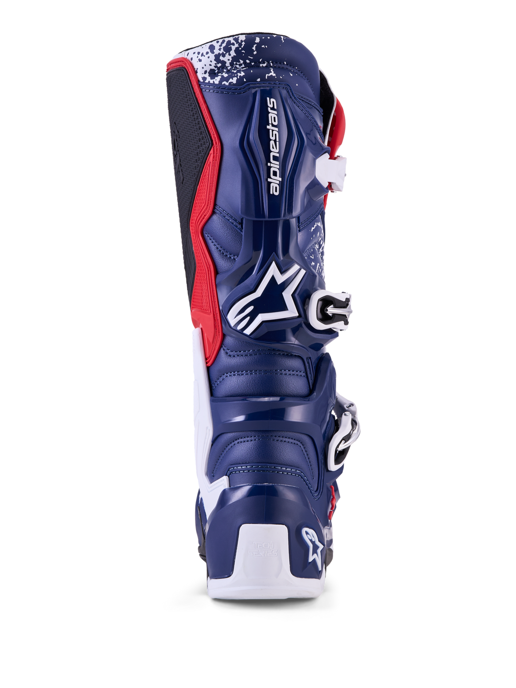 Alpinestars Tech 7 Unity, bottes de motocross bleues, blanches et rouges, édition limitée, vue arrière avec coque en TPU.