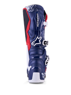 Alpinestars Tech 7 Unity, bottes de motocross bleues, blanches et rouges, édition limitée, vue arrière avec coque en TPU.