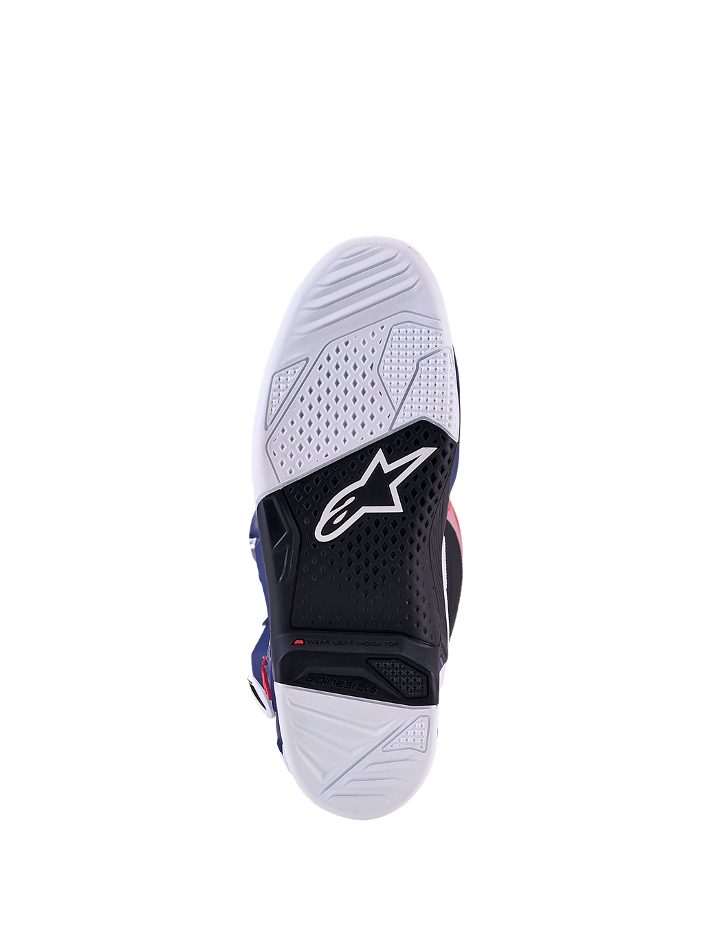 Alpinestars Tech 7 Unity édition limitée, semelle de bottes de motocross tout-terrain, blanche et noire, avec indicateur de limite d'usure et logo Astars
