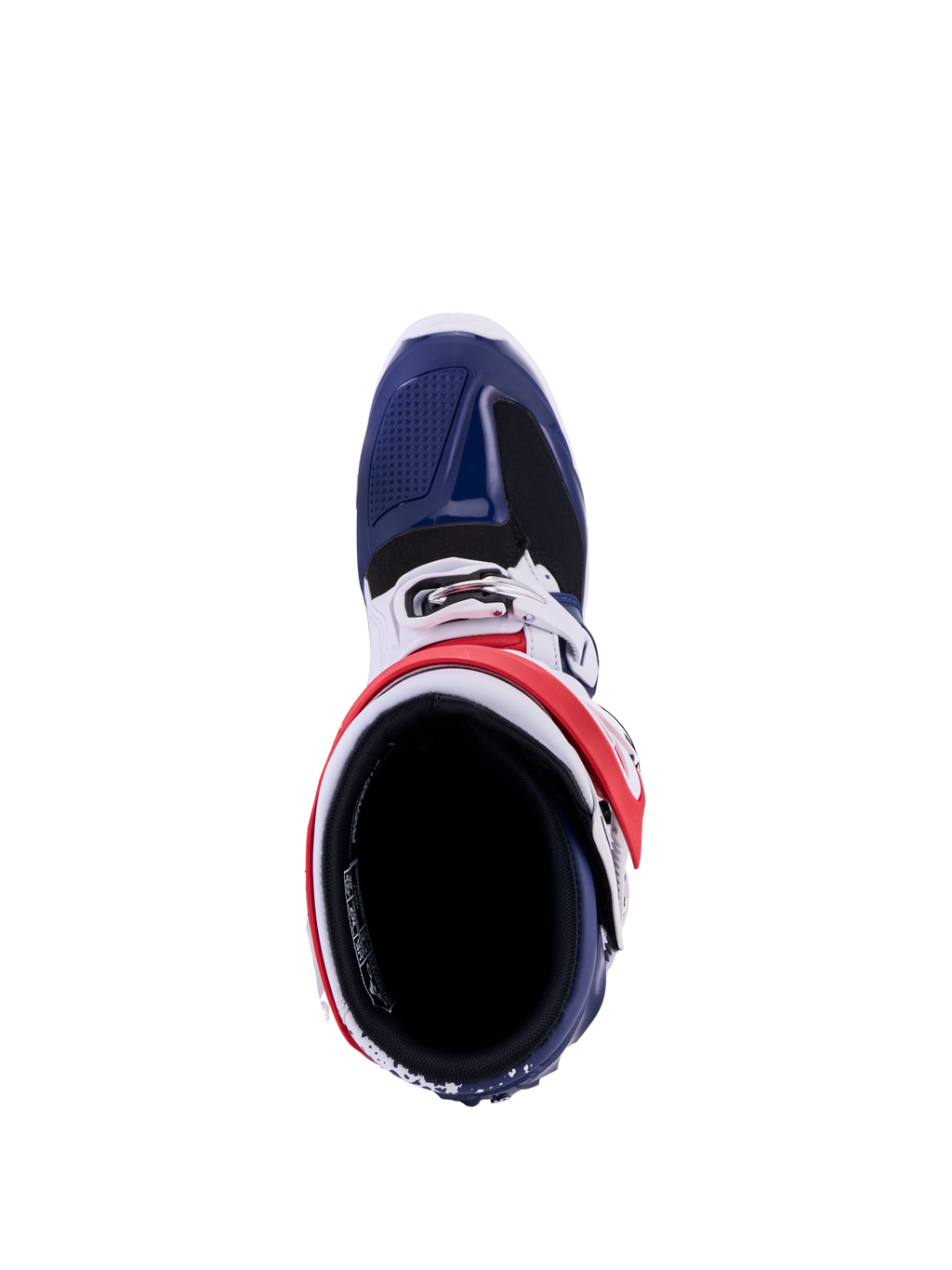 Alpinestars Tech 7 Unity, bottes de motocross rouges, blanches et bleues, vue de dessus avec panneaux de protection en TPU.
