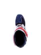 Alpinestars Tech 7 Unity, bottes de motocross rouges, blanches et bleues, vue de dessus avec panneaux de protection en TPU.
