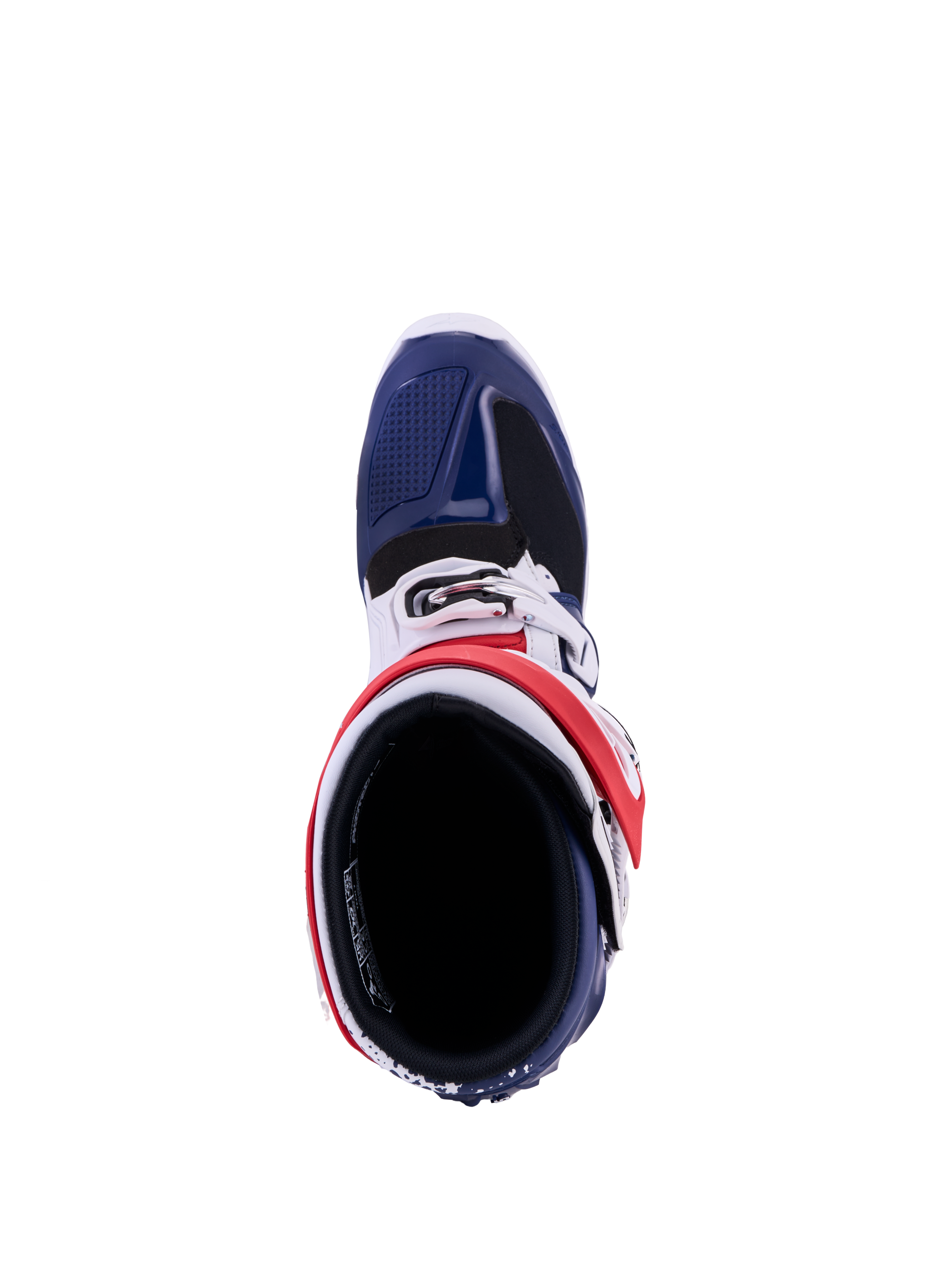 Alpinestars Tech 7 Unity, bottes de motocross rouges, blanches et bleues, vue de dessus avec panneaux de protection en TPU.