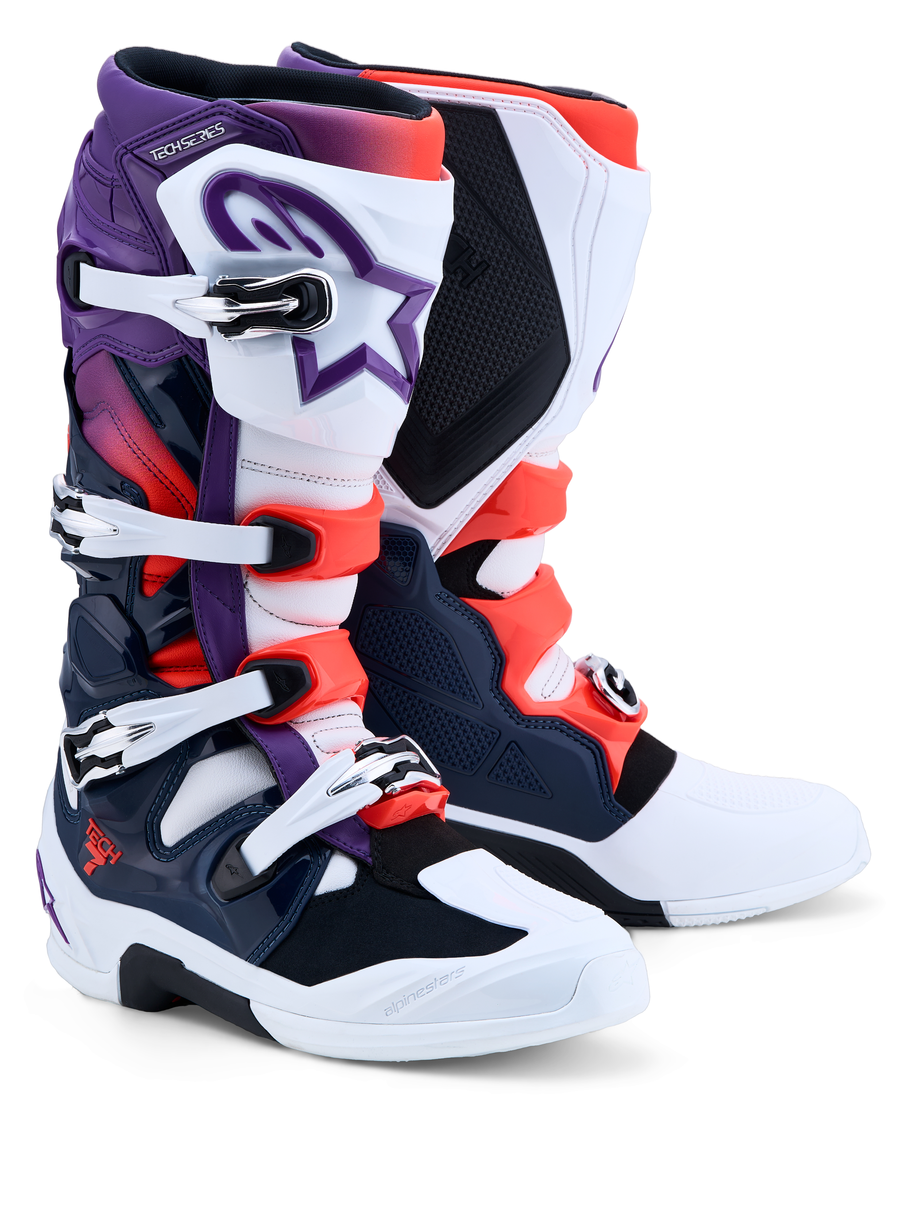 Alpinestars Tech 7 laarzen, motorcrosslaarzen, paars, wit, donkerblauw en fluo rood, CE-gecertificeerd met TPU-bescherming.
