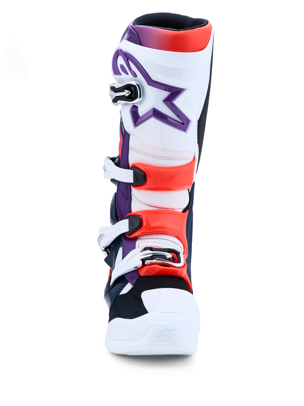 Alpinestars Tech 7 laarzen, motocrosslaarzen, paars, wit en fluorood, TPU-bescherming, CE-gecertificeerd, met gespsluitingen.