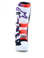 Alpinestars Tech 7 laarzen, motocrosslaarzen, paars, wit en fluorood, TPU-bescherming, CE-gecertificeerd, met gespsluitingen.