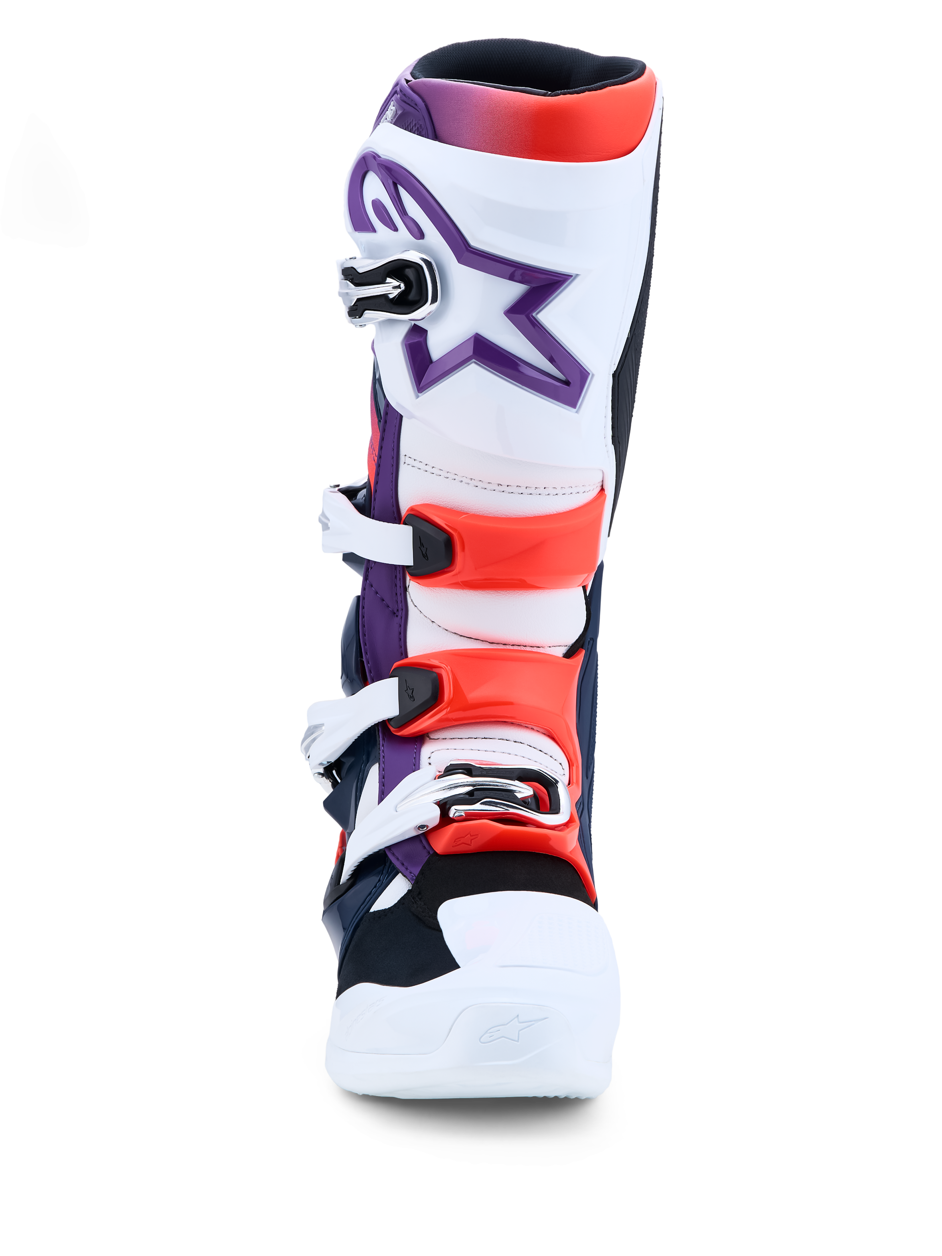 Alpinestars Tech 7 laarzen, motocrosslaarzen, paars, wit en fluorood, TPU-bescherming, CE-gecertificeerd, met gespsluitingen.