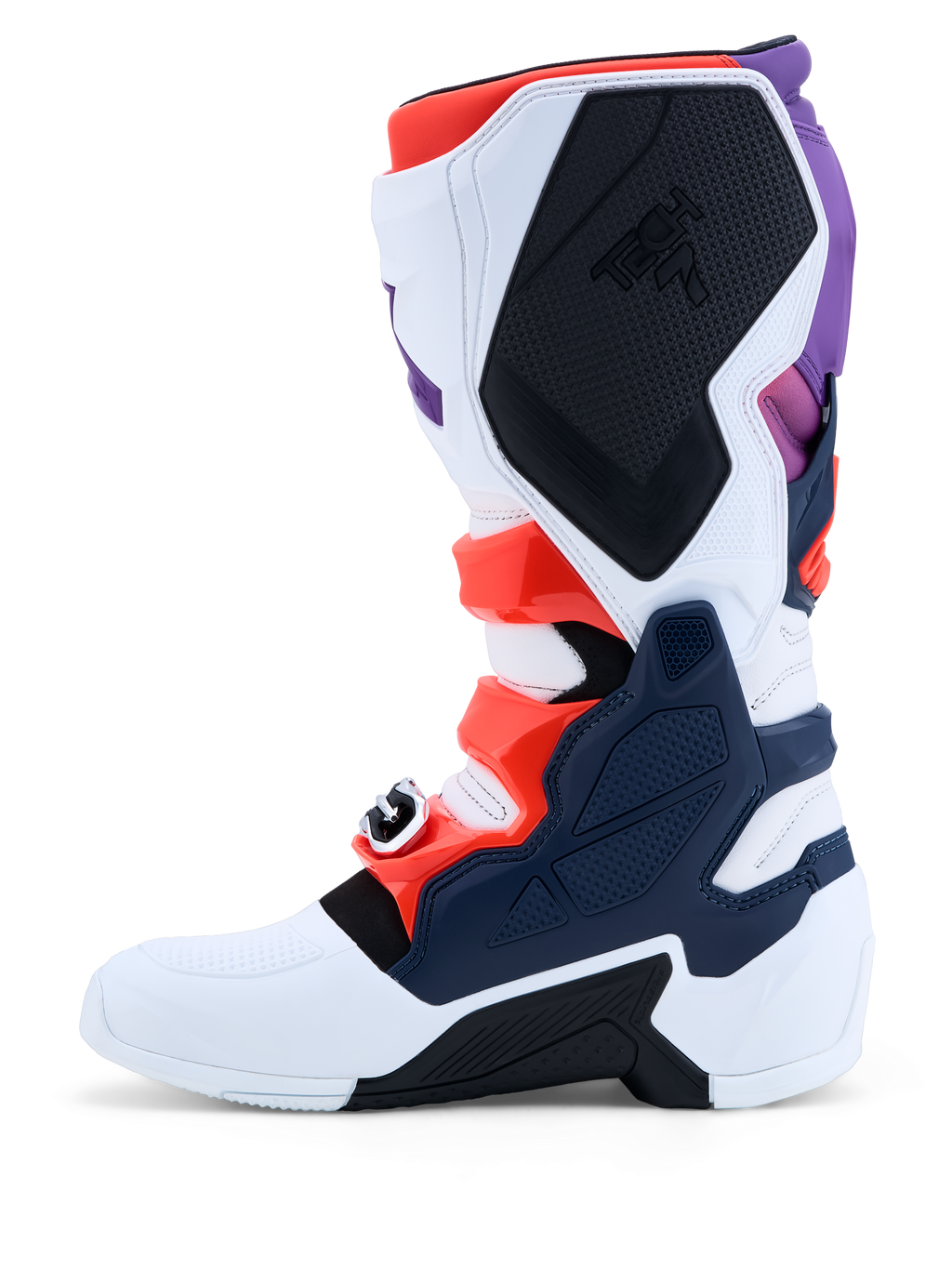 Alpinestars Tech 7 herenmotorcrosslaarzen in paars, wit en donkerblauw met rood fluo TPU-beschermingsplaten.