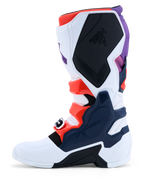 Alpinestars Tech 7 herenmotorcrosslaarzen in paars, wit en donkerblauw met rood fluo TPU-beschermingsplaten.