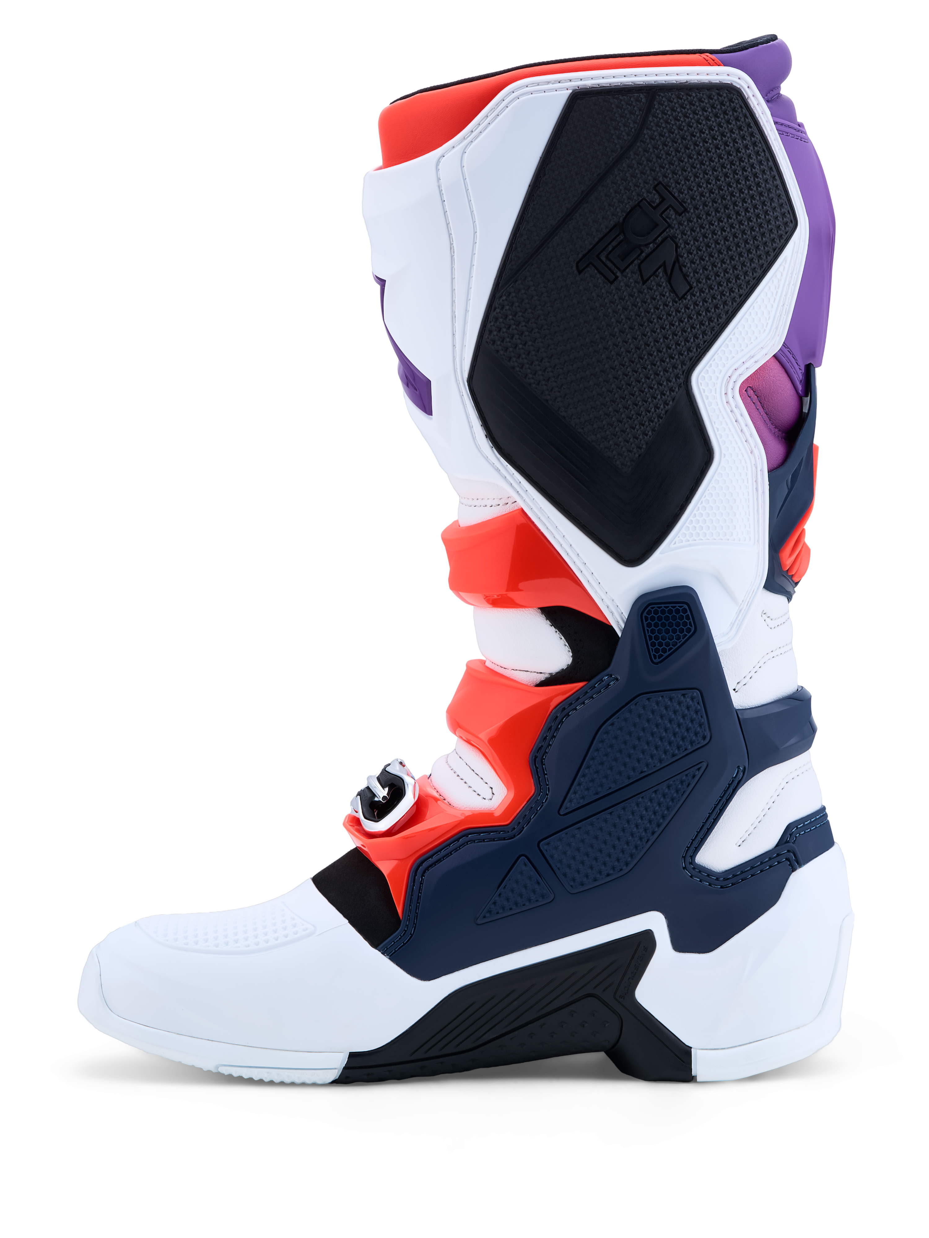 Alpinestars Tech 7 herenmotorcrosslaarzen in paars, wit en donkerblauw met rood fluo TPU-beschermingsplaten.