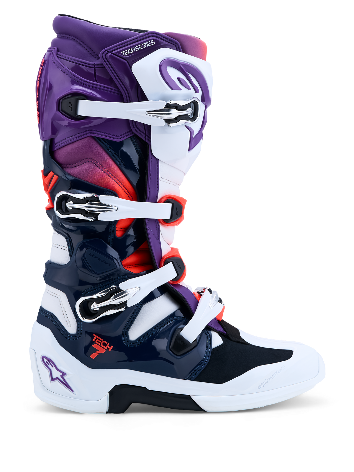 Alpinestars Tech 7 motorcrosslaarzen, paars, wit en donkerblauw, met dubbel pivotsysteem en CE-gecertificeerde bescherming.