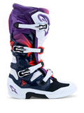Alpinestars Tech 7 motorcrosslaarzen, paars, wit en donkerblauw, met dubbel pivotsysteem en CE-gecertificeerde bescherming.