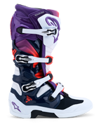 Alpinestars Tech 7 motorcrosslaarzen, paars, wit en donkerblauw, met dubbel pivotsysteem en CE-gecertificeerde bescherming.