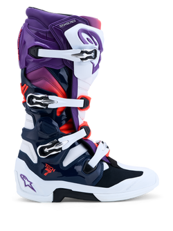 Alpinestars Tech 7 Motocross Boots in purple, white, and dark blue, with dual pivot system and CE-certified protection.