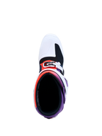 Alpinestars Tech 7 laarzen, paars-witte motorcrosslaarzen, bovenaanzicht met interieurvulling en gespsysteem, CE-gecertificeerd
