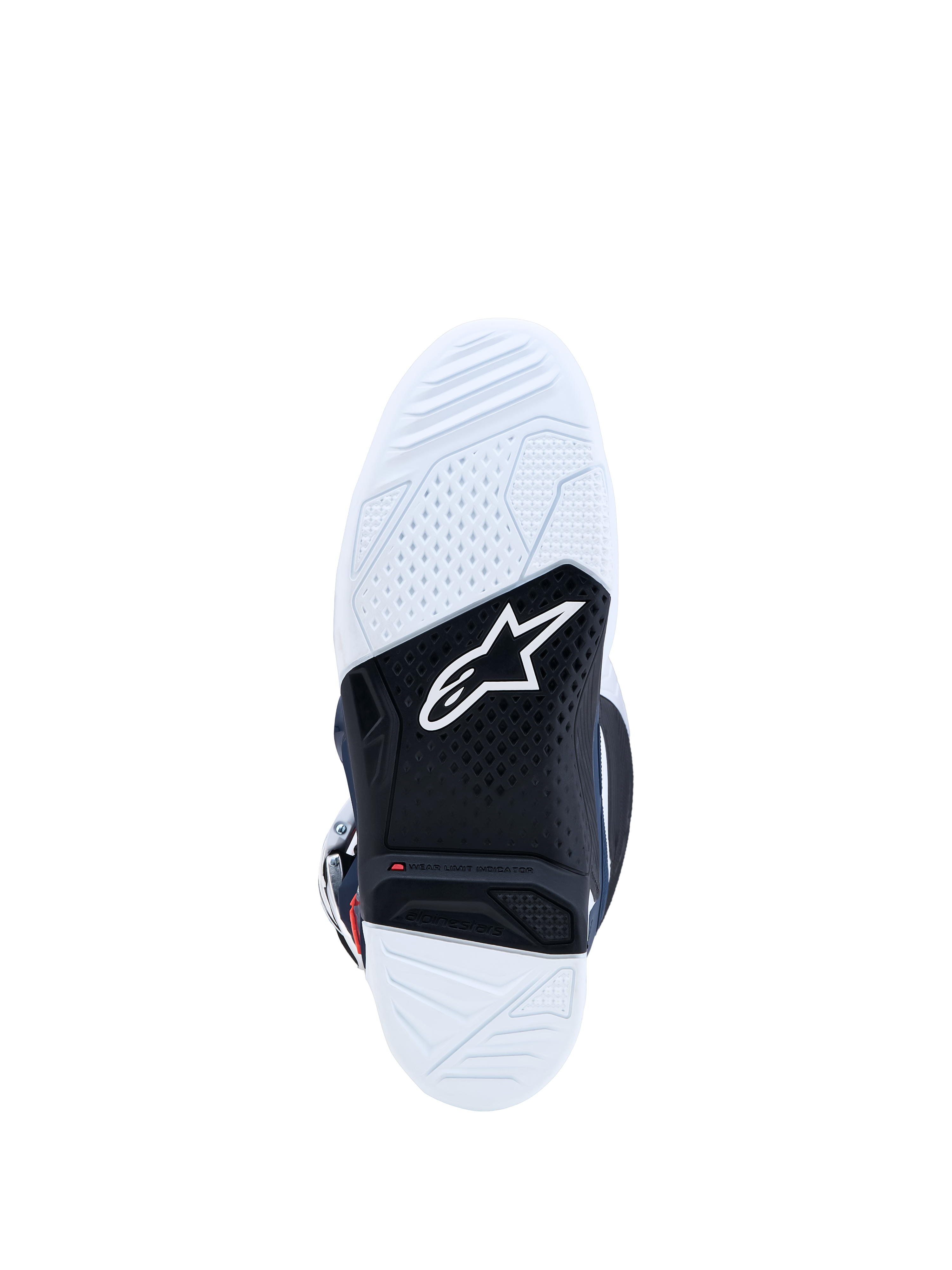 Alpinestars Tech 7 motorlaarzen, wit en zwarte dubbel samengestelde rubberen zool met rode slijtage-indicator, ontworpen voor motorcross en off-road rijden.