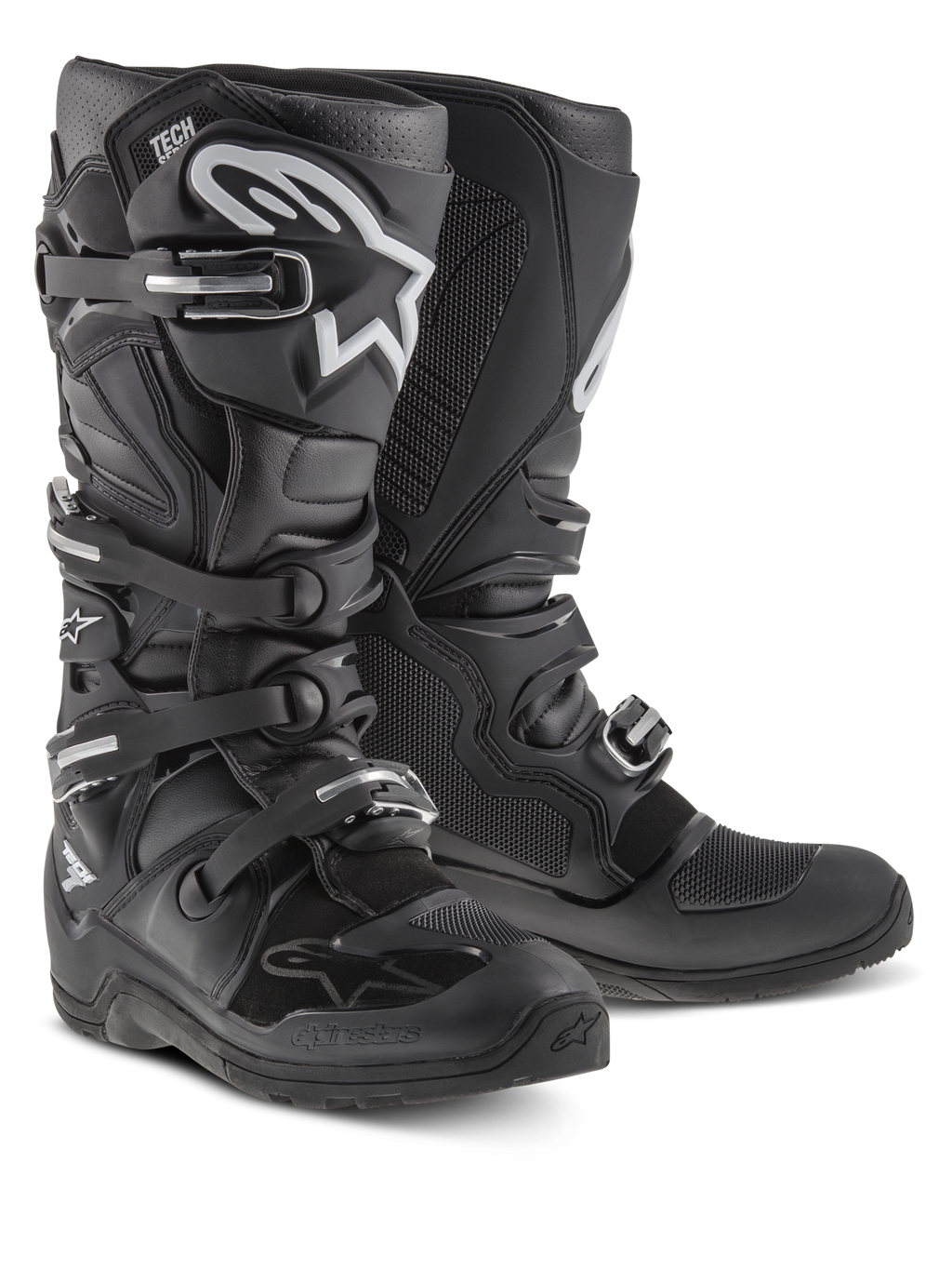 Bottes Alpinestars Tech 7 Enduro, bottes de motocross et tout-terrain, noires avec logo Alpinestars blanc, dotées de quatre boucles réglables, plaque tibiale en TPU et semelle durable spécifique à l'enduro.