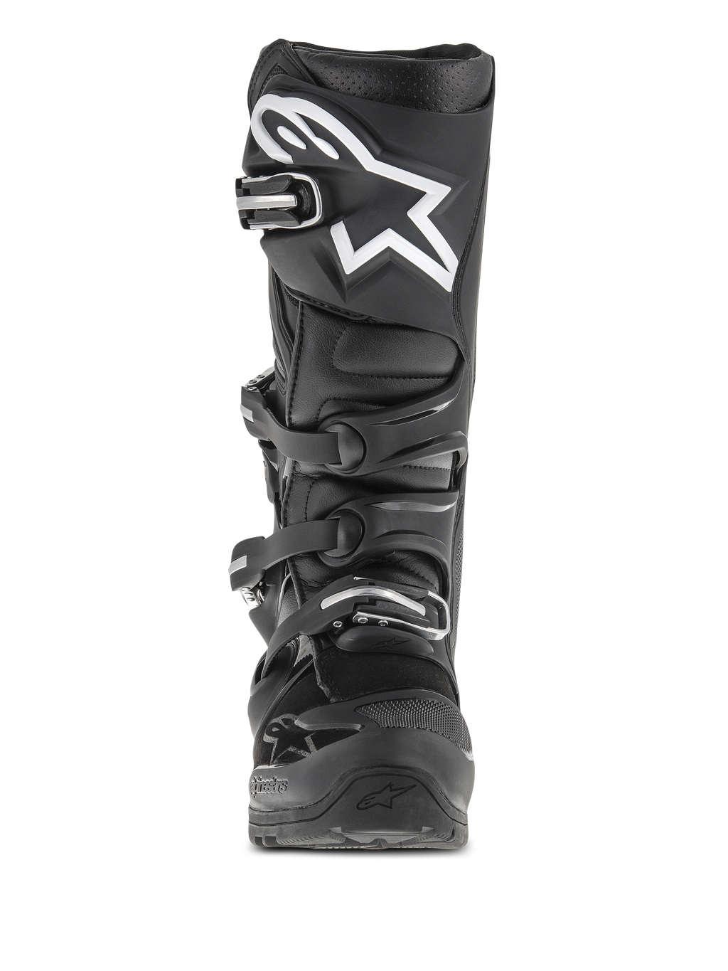 Bottes Alpinestars Tech 7 Enduro, bottes de motocross et d'enduro, noires, vue de face présentant un logo d'étoile blanche sur le tibia, système de fermeture à quatre boucles et structure de protection renforcée pour usage tout-terrain