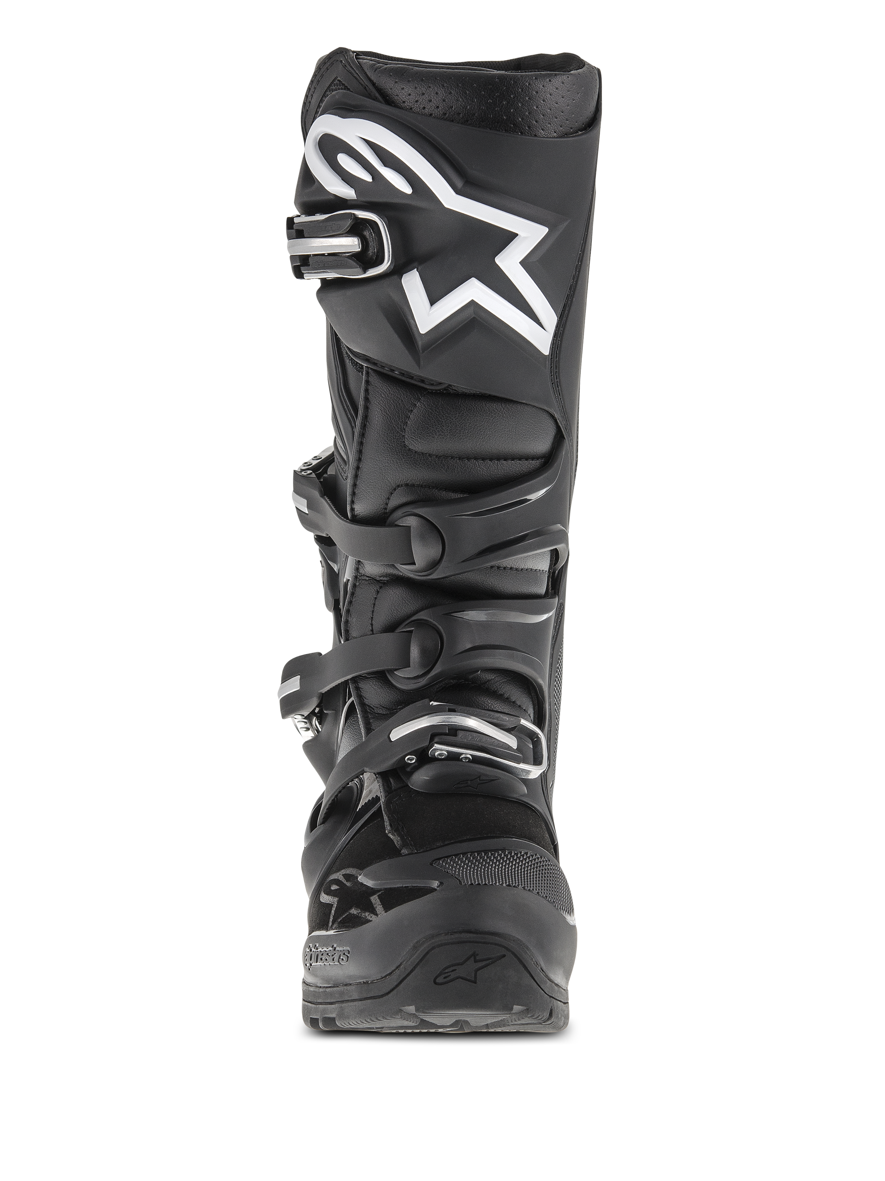 Bottes Alpinestars Tech 7 Enduro, bottes de motocross et d'enduro, noires, vue de face présentant un logo d'étoile blanche sur le tibia, système de fermeture à quatre boucles et structure de protection renforcée pour usage tout-terrain