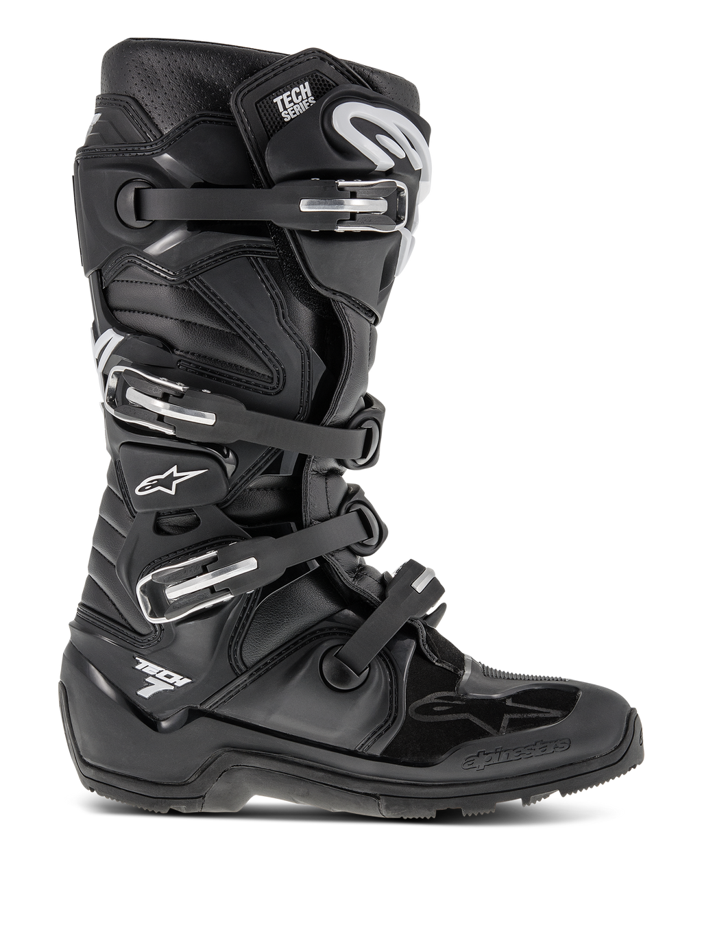 Bottes Alpinestars Tech 7 Enduro, bottes de motocross noires, dotées de quatre boucles réglables et d'un châssis en TPU renforcé, semelle à crampons robuste pour une adhérence tout-terrain, logo étoile blanc et marquage Tech 7, équipement haute performance durable pour l'enduro et le motocross