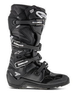 Alpinestars Tech 7 Enduro Boots, Black Motocross Boots, featuring four adjustable buckles and a reinforced TPU chassis, rugged lugged sole for off-road traction, white star logo and Tech 7 branding, durable high-performance footwear for enduro and dirt bike riding