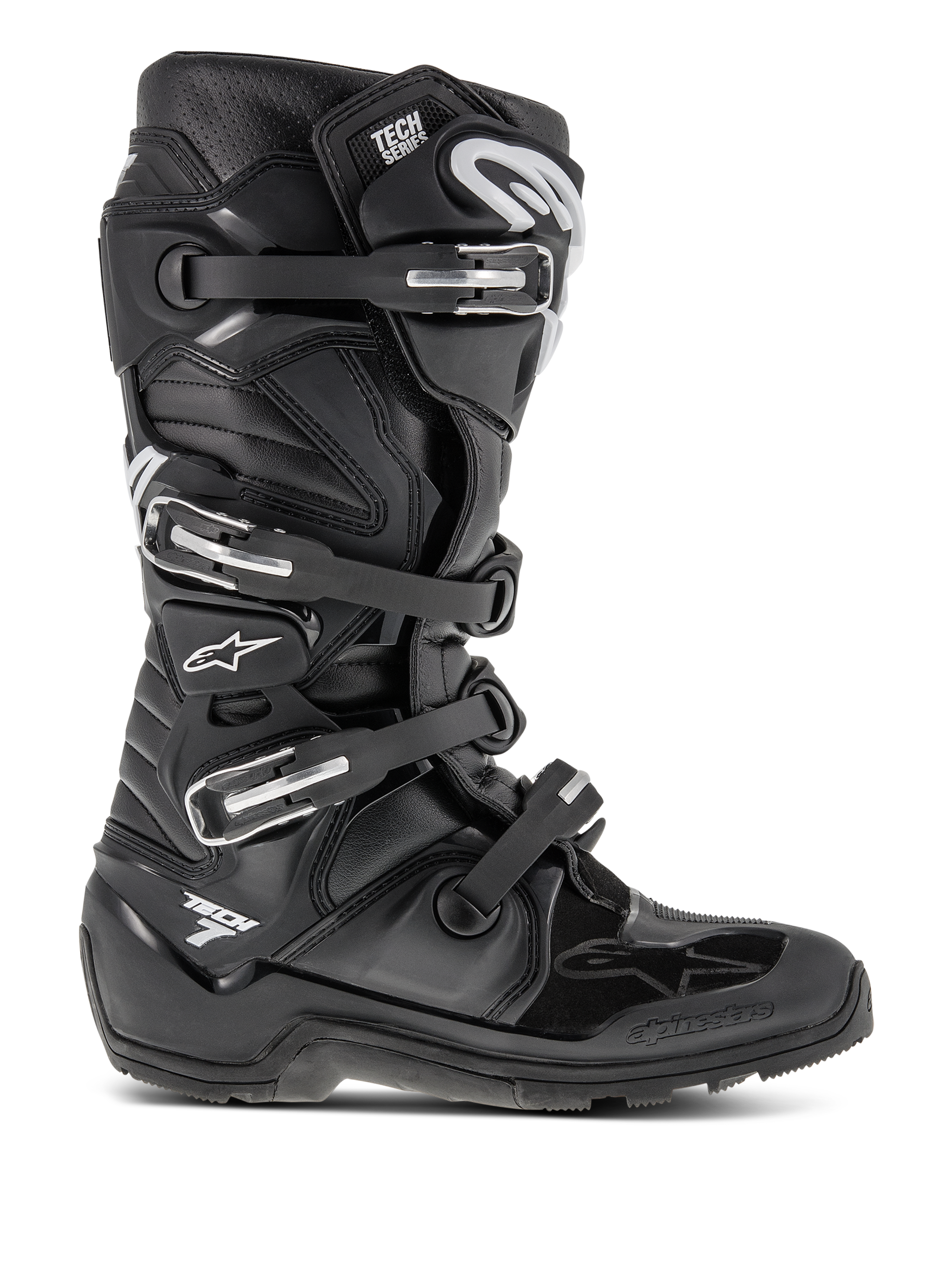 Bottes Alpinestars Tech 7 Enduro, bottes de motocross noires, dotées de quatre boucles réglables et d'un châssis en TPU renforcé, semelle à crampons robuste pour une adhérence tout-terrain, logo étoile blanc et marquage Tech 7, équipement haute performance durable pour l'enduro et le motocross