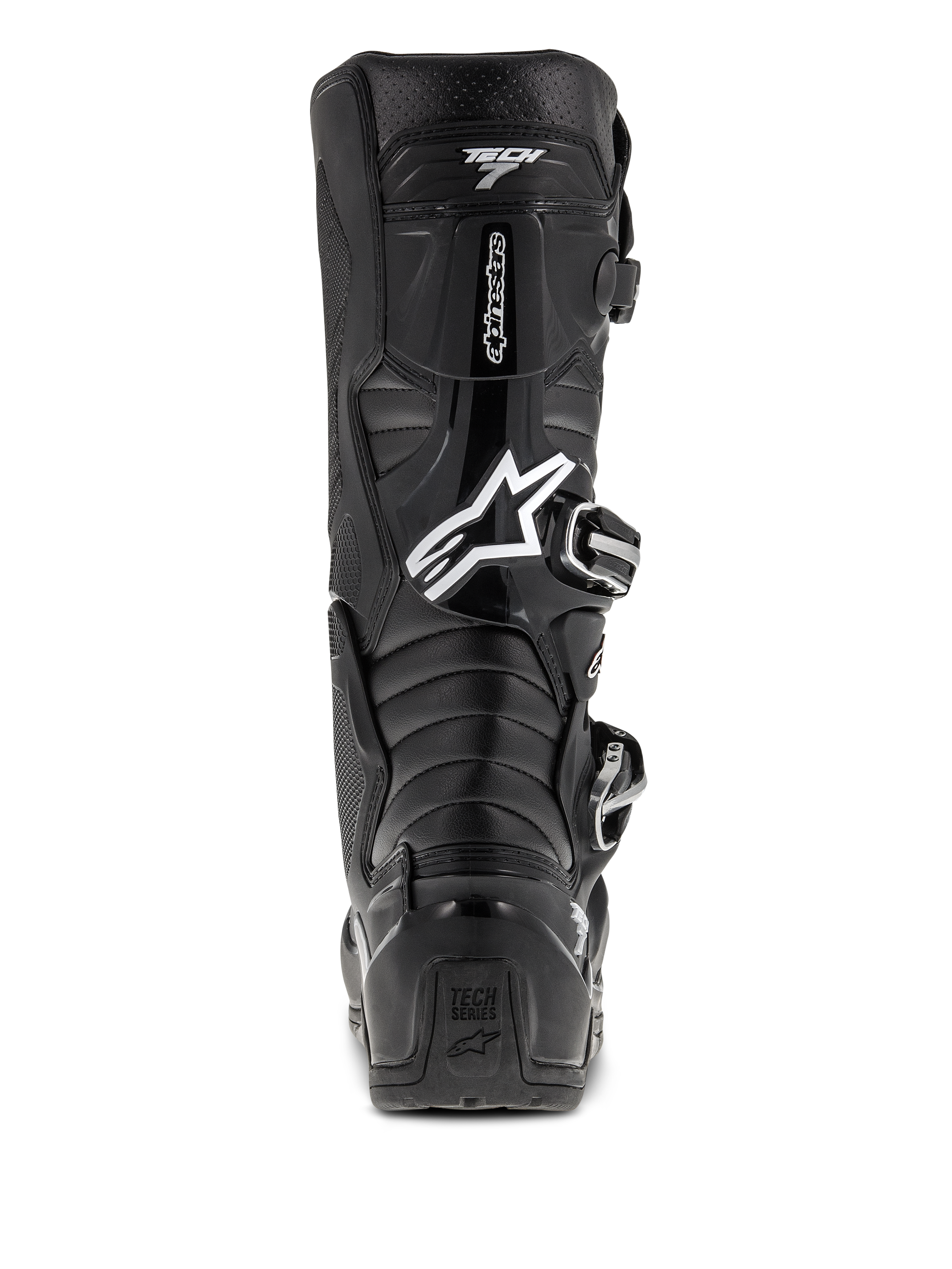 Bottes Alpinestars Tech 7 Enduro, noir, vue arrière avec logo Astars blanc et marquage « Tech 7 », coque de protection en TPU avec système de boucles, construction durable pour le tout-terrain et le motocross