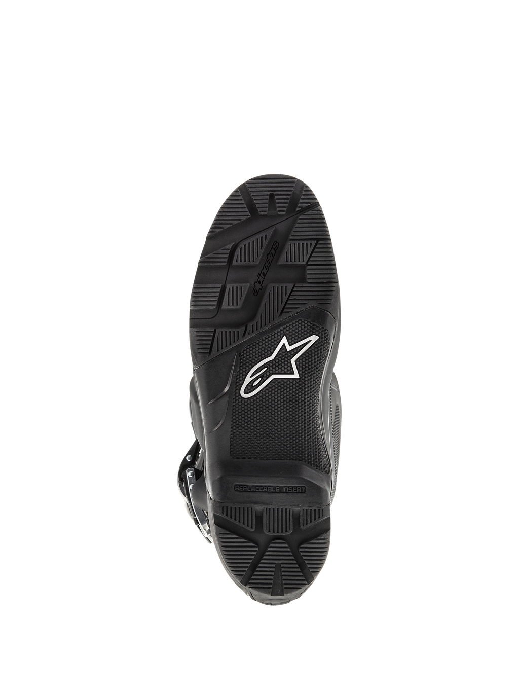 Bottes Alpinestars Tech 7 Enduro, noir, vue de dessous de la semelle, dotées d'un motif de crampons robuste pour l'Enduro, logo étoile blanc et insert de repose-pied remplaçable