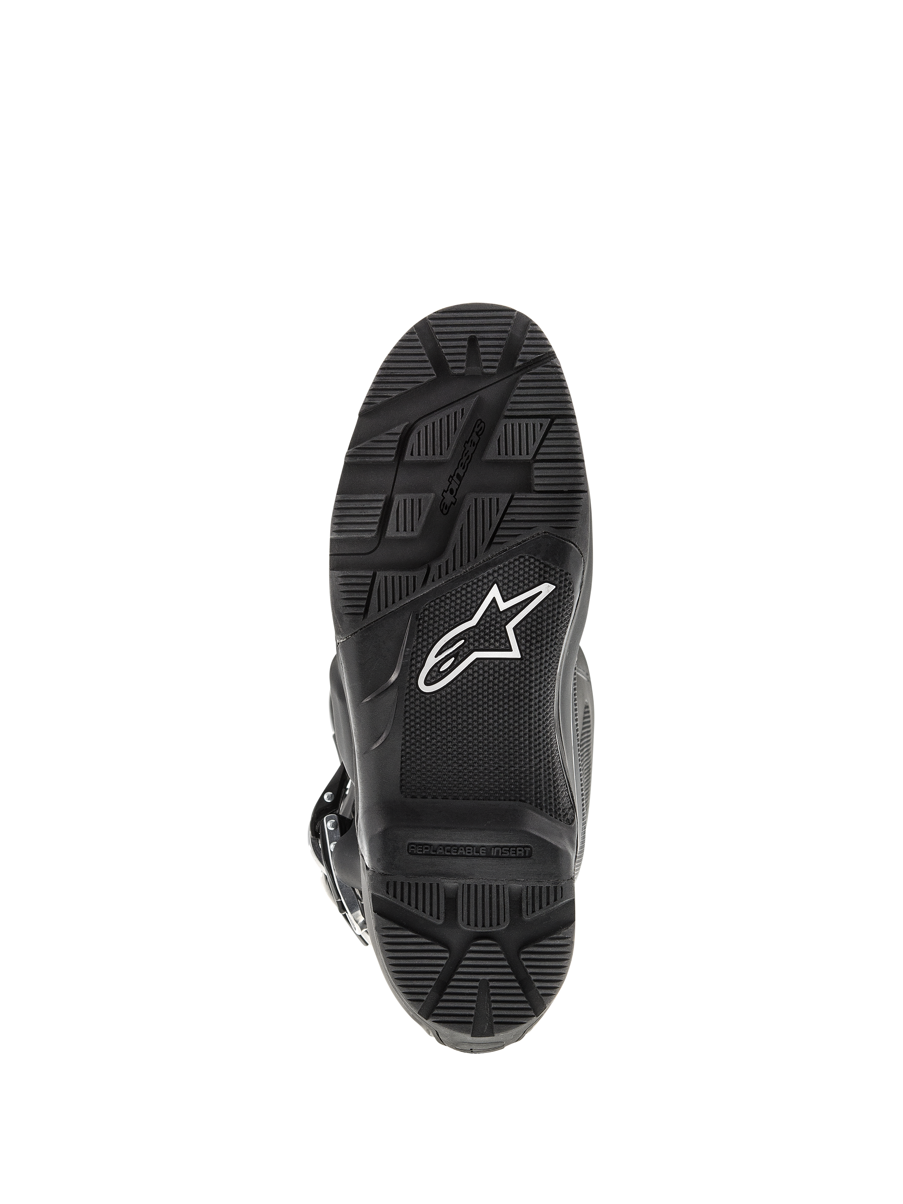 Bottes Alpinestars Tech 7 Enduro, noir, vue de dessous de la semelle, dotées d'un motif de crampons robuste pour l'Enduro, logo étoile blanc et insert de repose-pied remplaçable