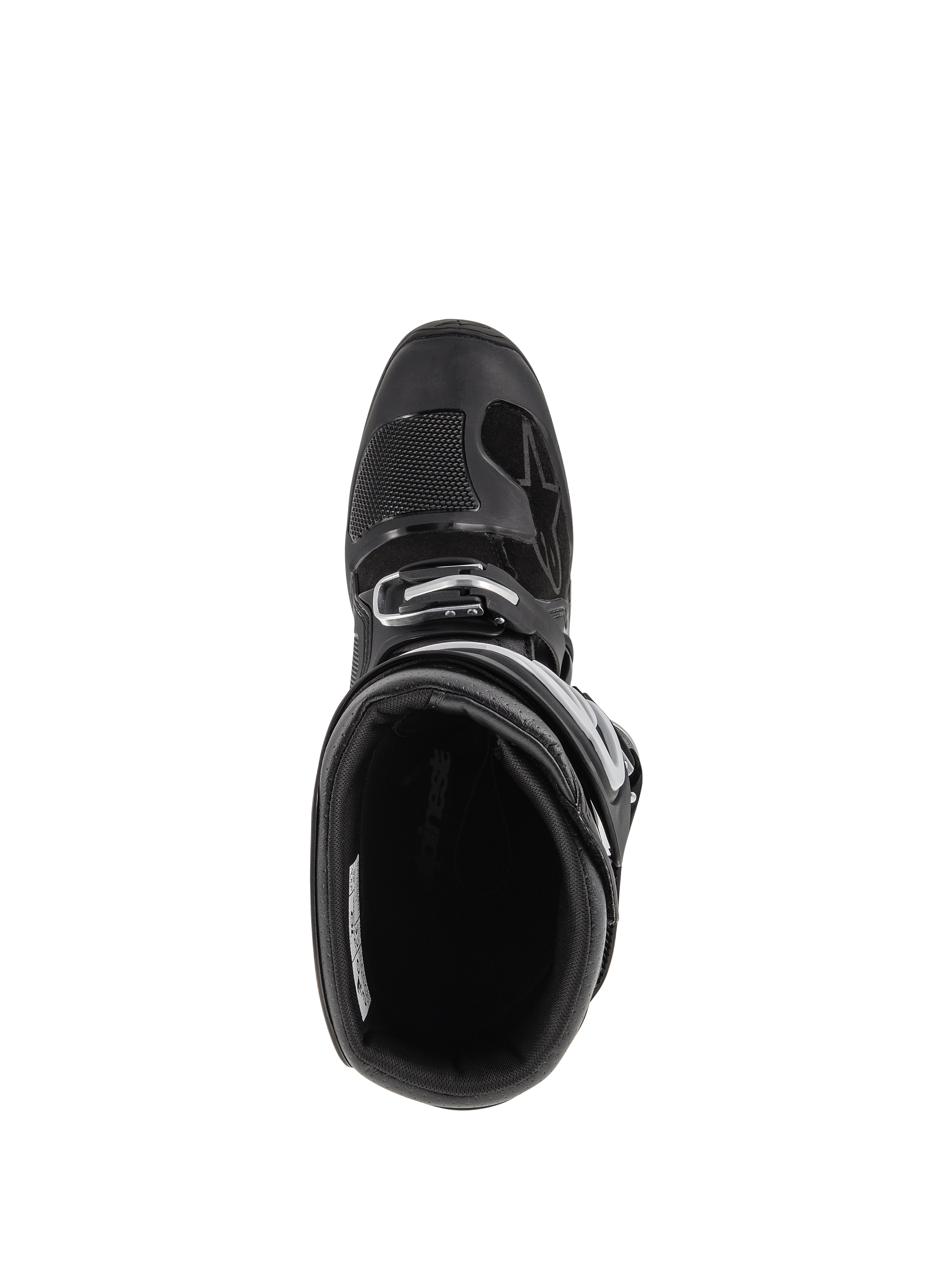 Bottes Alpinestars Tech 7 Enduro, bottes de motocross, noires, vue de dessus plongeant dans l'intérieur rembourré, montrant la fermeture à boucle réglable et la pointe renforcée avec un renfort de sélecteur texturé.
