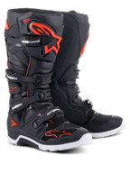Alpinestars Tech 7 Enduro Boots, Motocross Boots, Black and Red Fluo, featuring a white sole, four-buckle closure system, and reinforced protective panels with bold red Alpinestars branding