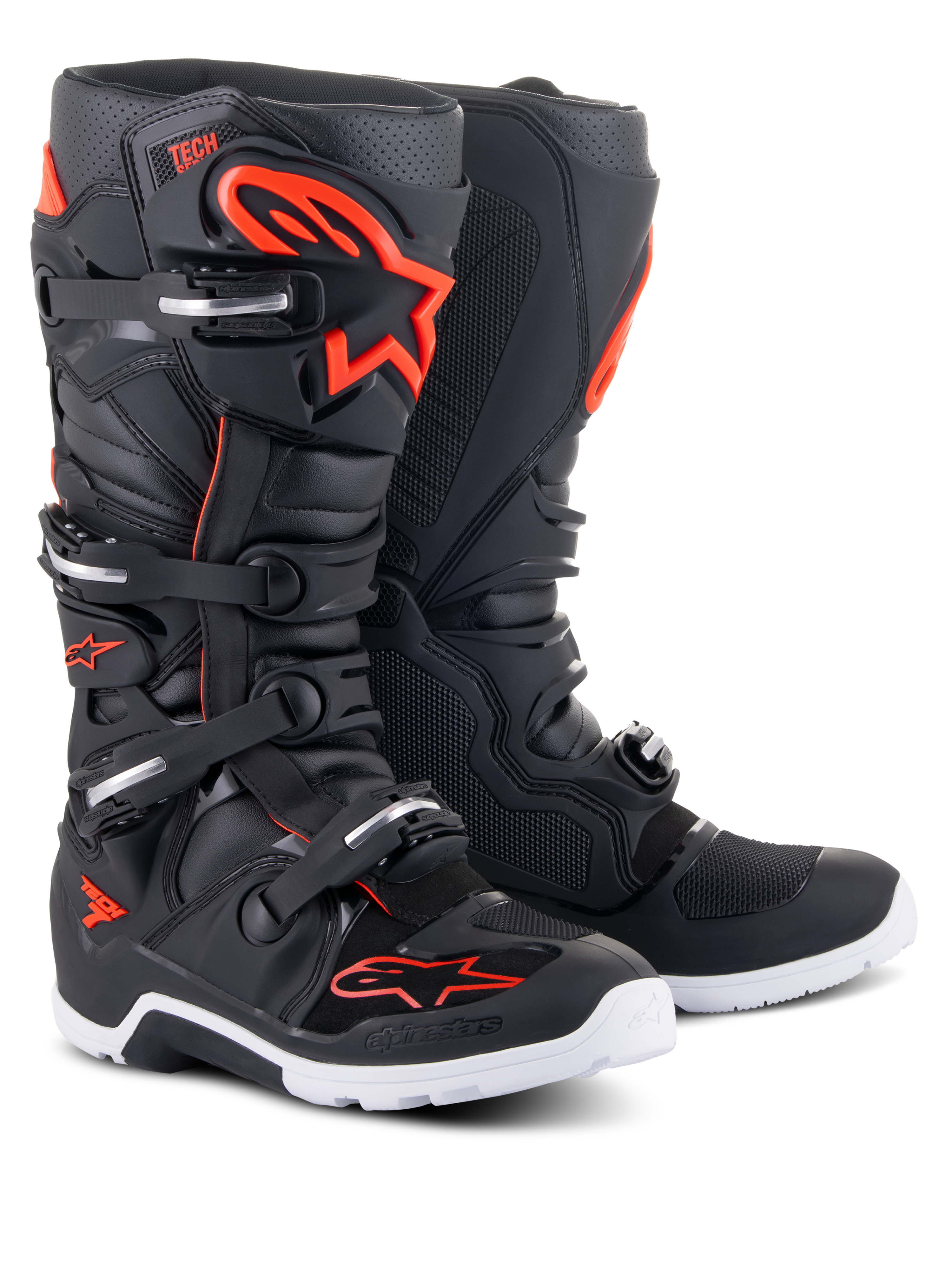 Alpinestars Tech 7 Enduro Boots, Motocross Boots, Black and Red Fluo, featuring a white sole, four-buckle closure system, and reinforced protective panels with bold red Alpinestars branding