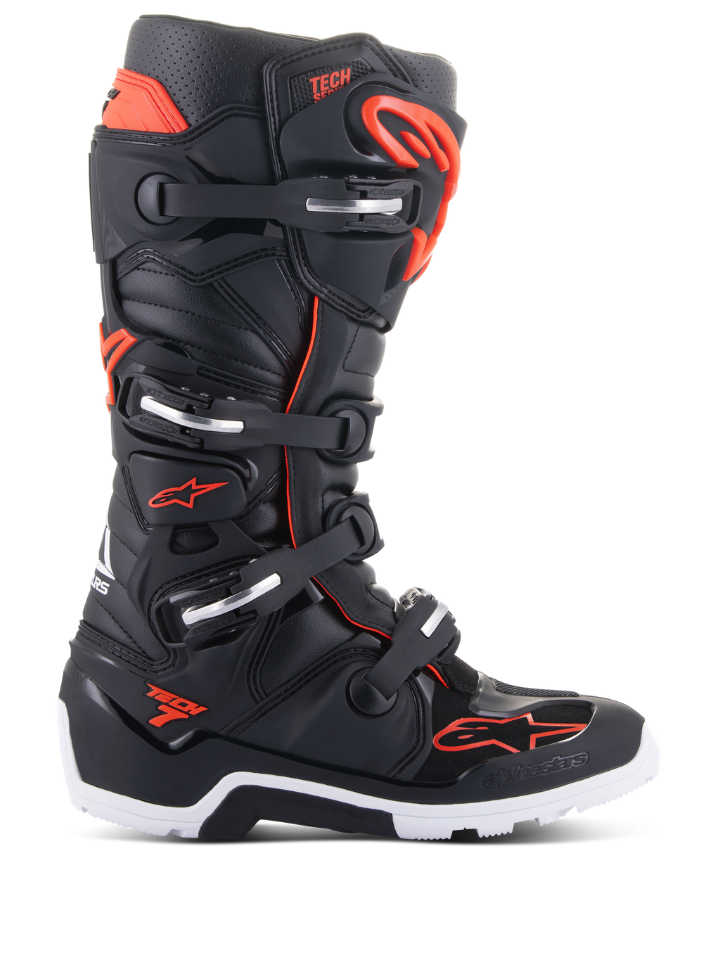 Alpinestars Tech 7 Enduro Boots, Motocross Off-Road Boots, Black and Red Fluo, four-buckle closure system with silver accents, white and black rugged sole, Alpinestars logo on toe and side, professional-grade protection for enduro and trail riding