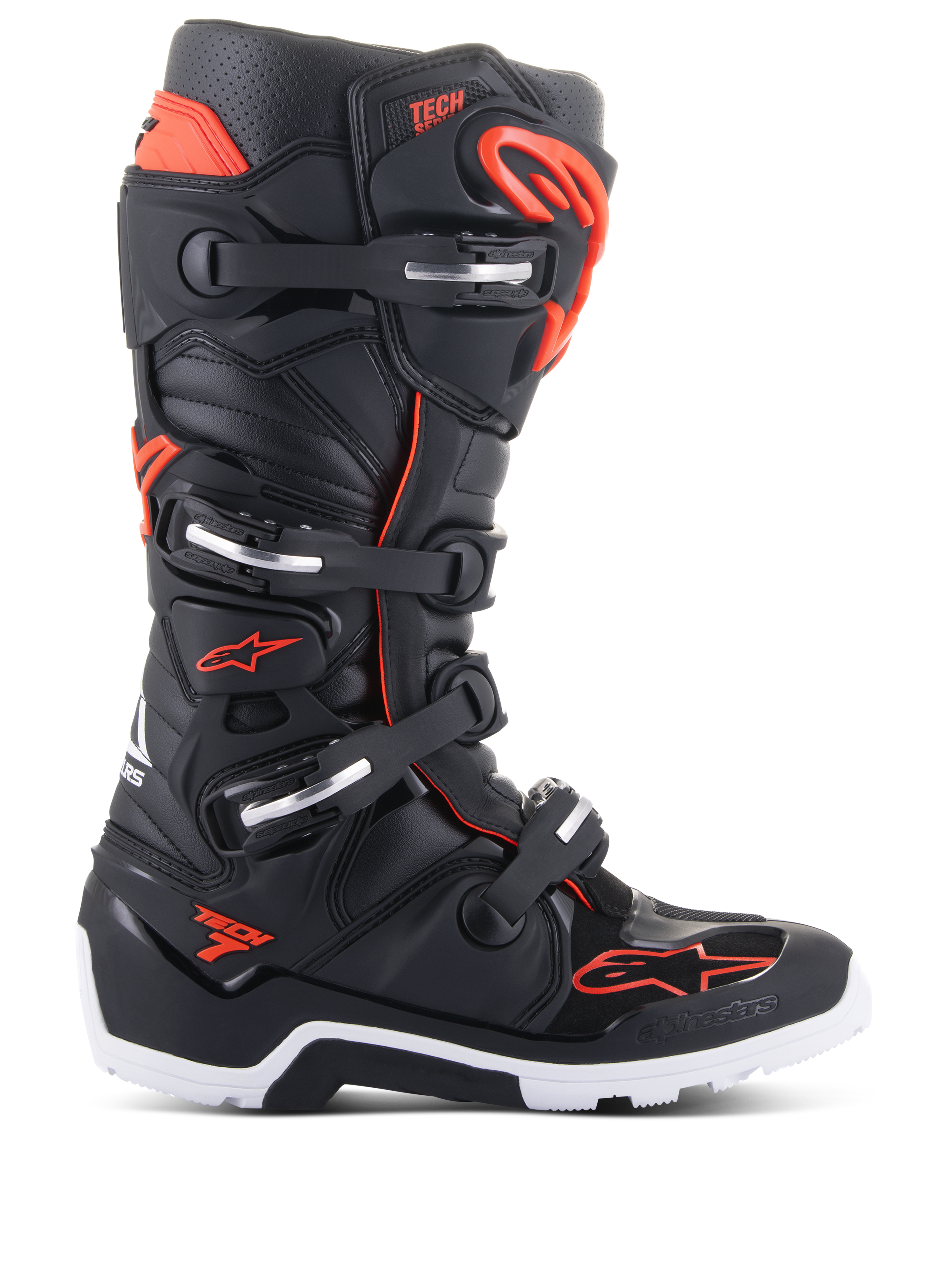 Alpinestars Tech 7 Enduro laarzen, motorcross off-road laarzen, zwart en rood fluo, sluitsysteem met vier gespen met zilveren accenten, witte en zwarte robuuste zool, Alpinestars-logo op de neus en zijkant, professionele bescherming voor enduro- en trailrijden