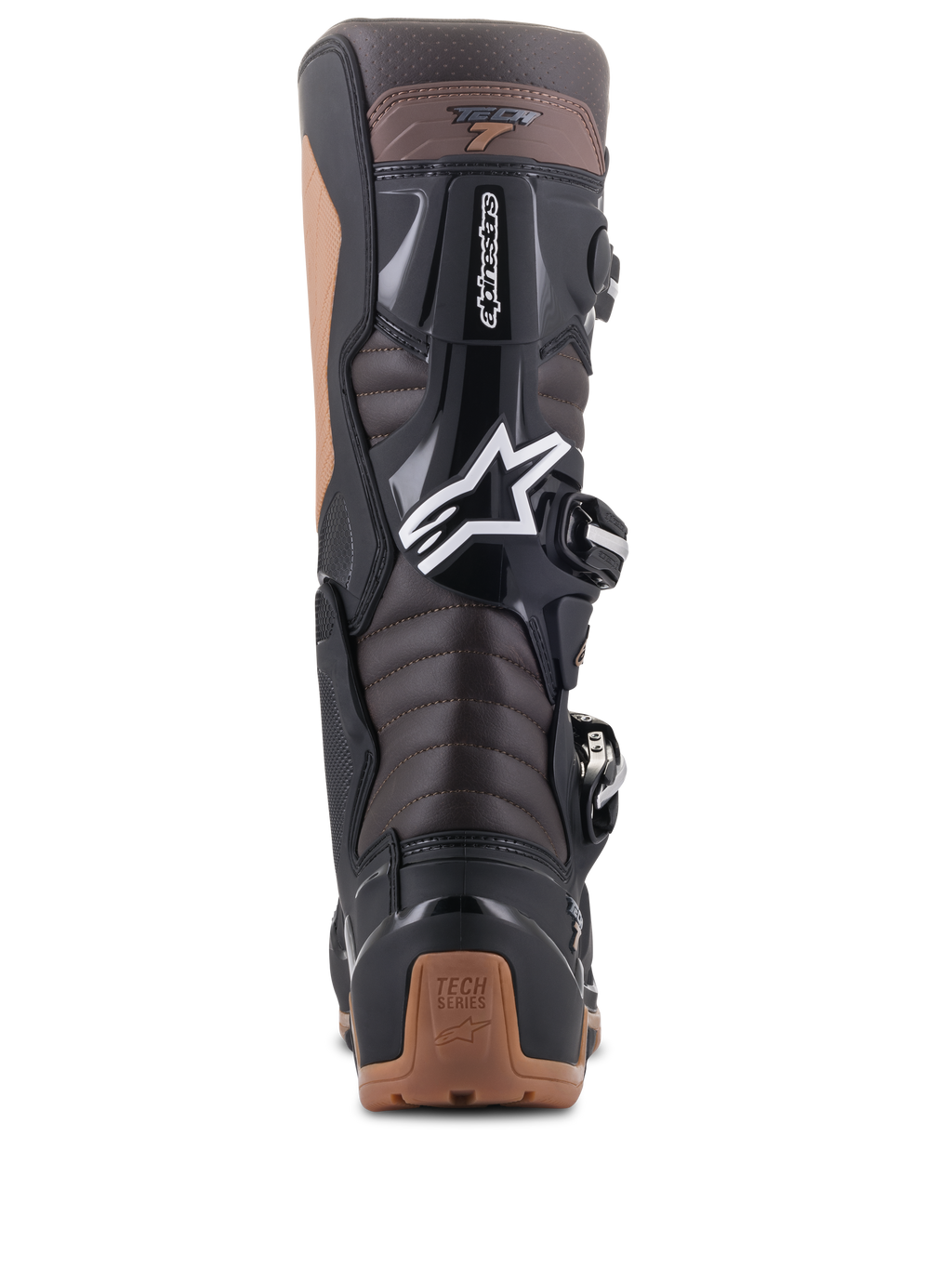 Alpinestars Tech 7 Enduro Boots, Black and Dark Brown, rear view showing the Achilles accordion flex zones and TPU protection, features white Alpinestars star logo and tan heel detailing, rugged design for Enduro and off-road riding.