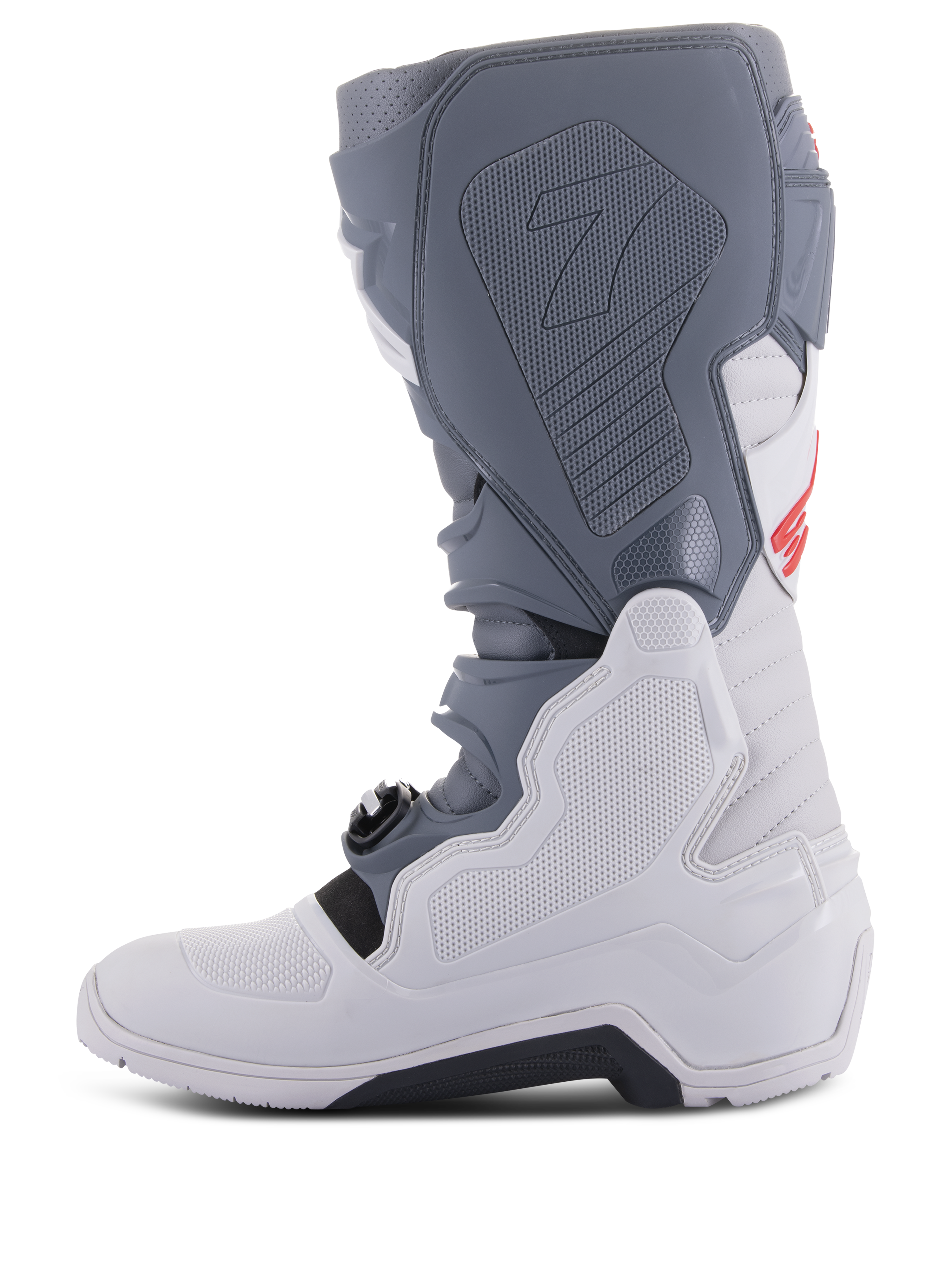 Bottes Alpinestars Tech 7 Enduro, gris clair, gris foncé et rouge vif, vue de profil, avec panneaux de protection en TPU, système de fermeture à boucles innovant et semelle robuste pour les performances tout-terrain