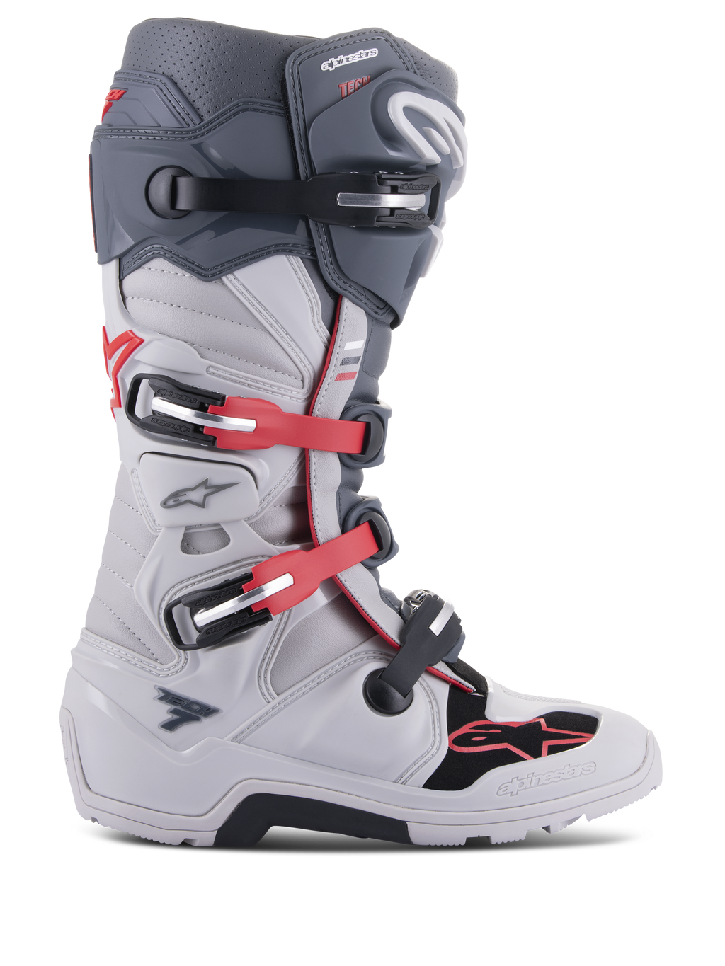 Bottes Alpinestars Tech 7 Enduro, bottes de moto tout-terrain, gris clair et gris foncé avec des accents rouge vif, vue latérale avec système de fermeture à boucles multiples, pivot biomécanique pour la stabilité et panneaux de protection en TPU renforcé, semelle robuste spécifique à l'enduro, équipement haute performance pour le motocross et le trail.