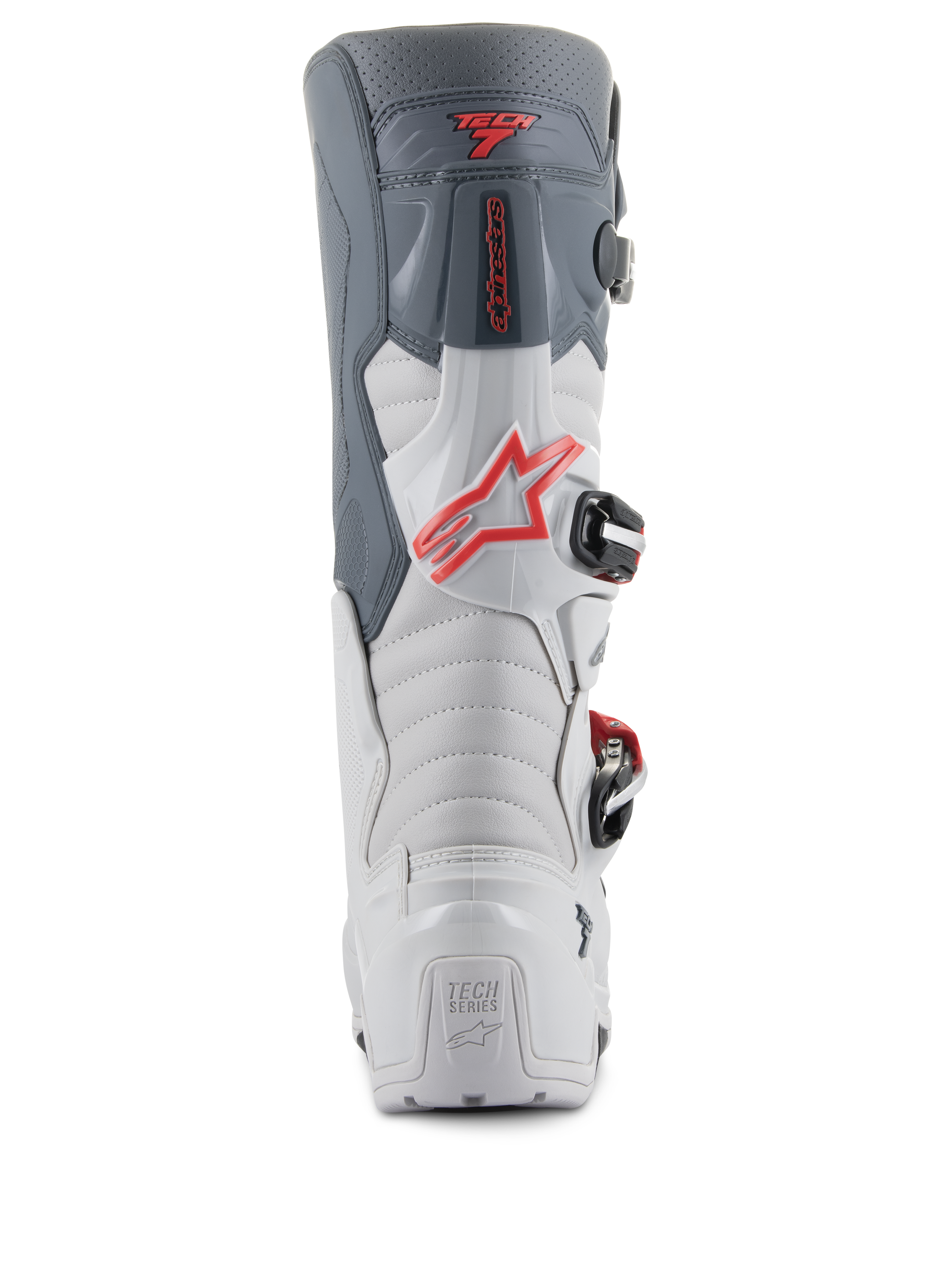 Bottes Alpinestars Tech 7 Enduro, vue arrière, gris clair et gris foncé avec accents rouge vif, dotées d'un talon renforcé avec marquage 'TECH SERIES', logo étoile rouge et système de fermeture à boucles durable.