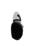 Bottes Alpinestars Tech 7 Enduro, gris clair, gris foncé et rouge vif, vue de dessus montrant l'intérieur de la botte, la pointe avec logo Alpinestars rouge et le renfort de sélecteur texturé, équipement professionnel pour l'enduro et le tout-terrain