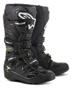 Bottes Alpinestars Tech 7 Enduro Drystar®, chaussures professionnelles de motocross et d'enduro, noir et gris avec logos blancs et boucles argentées, conception imperméable robuste avec semelles haute résistance pour performances tout-terrain