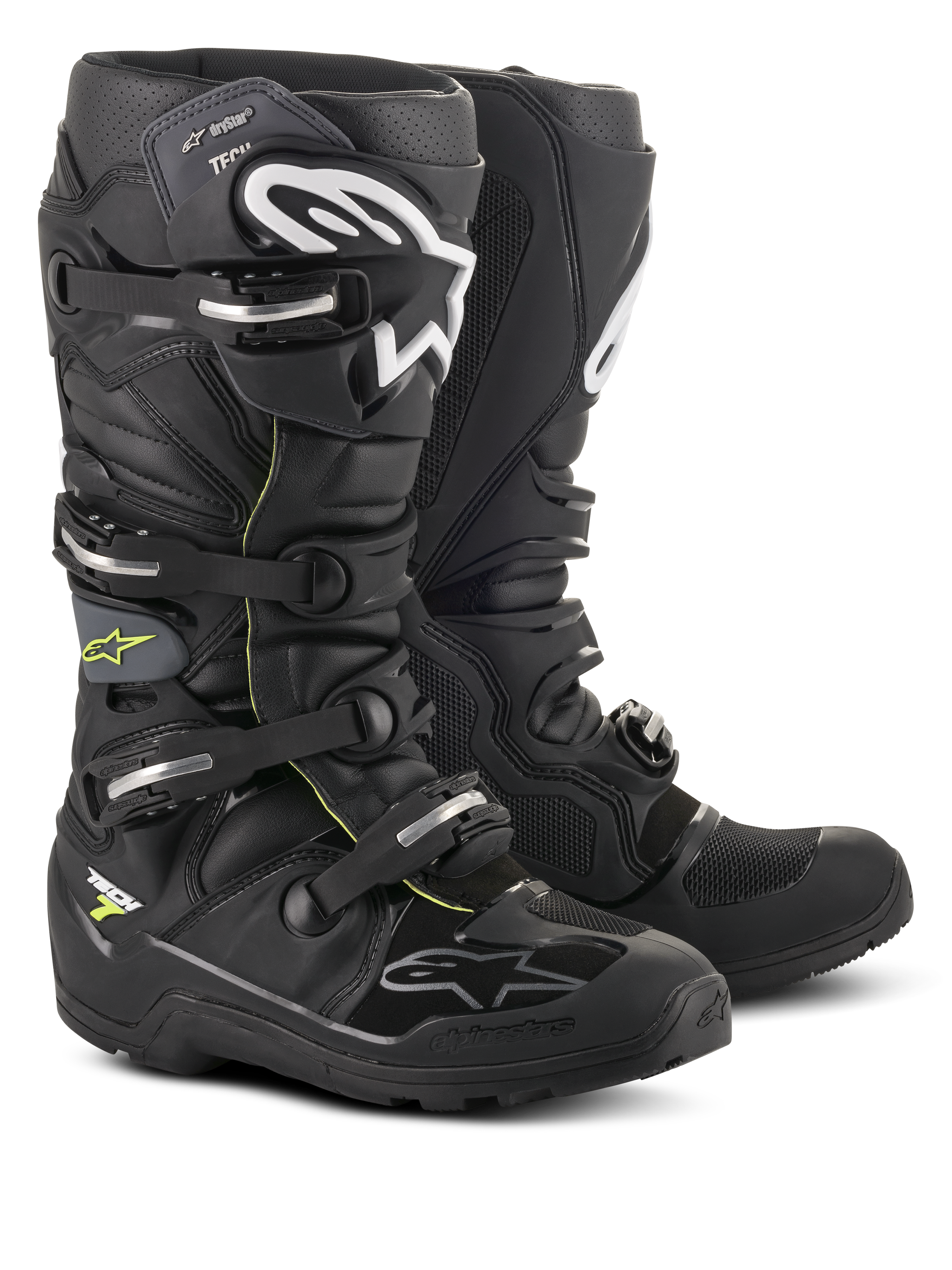 Bottes Alpinestars Tech 7 Enduro Drystar®, chaussures professionnelles de motocross et d'enduro, noir et gris avec logos blancs et boucles argentées, conception imperméable robuste avec semelles haute résistance pour performances tout-terrain