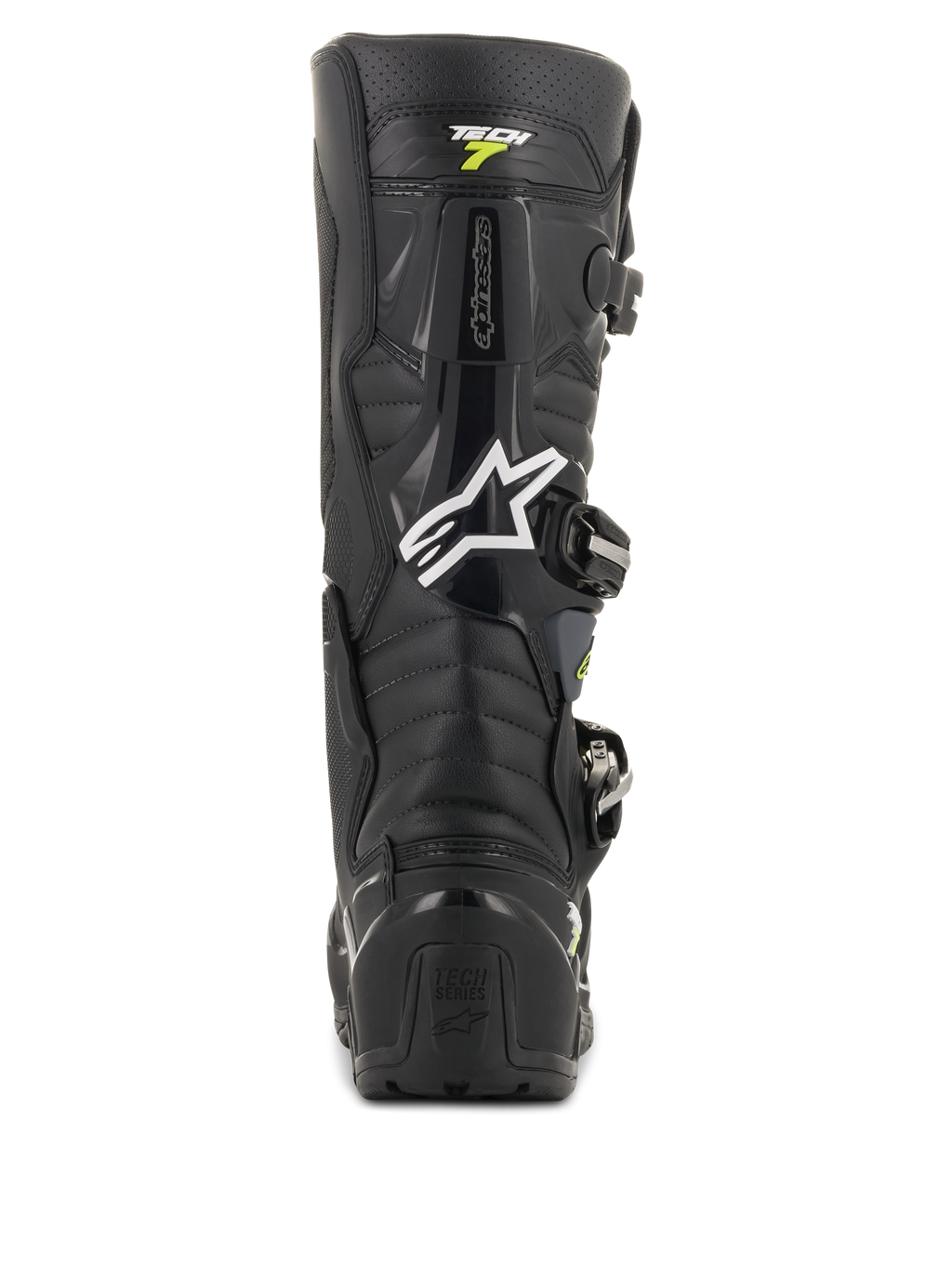 Bottes Alpinestars Tech 7 Enduro Drystar, bottes de motocross noires et grises, vue arrière présentant le logo Alpinestars blanc et le marquage 'Tech 7', protection robuste du talon en TPU et construction renforcée pour une durabilité tout-terrain