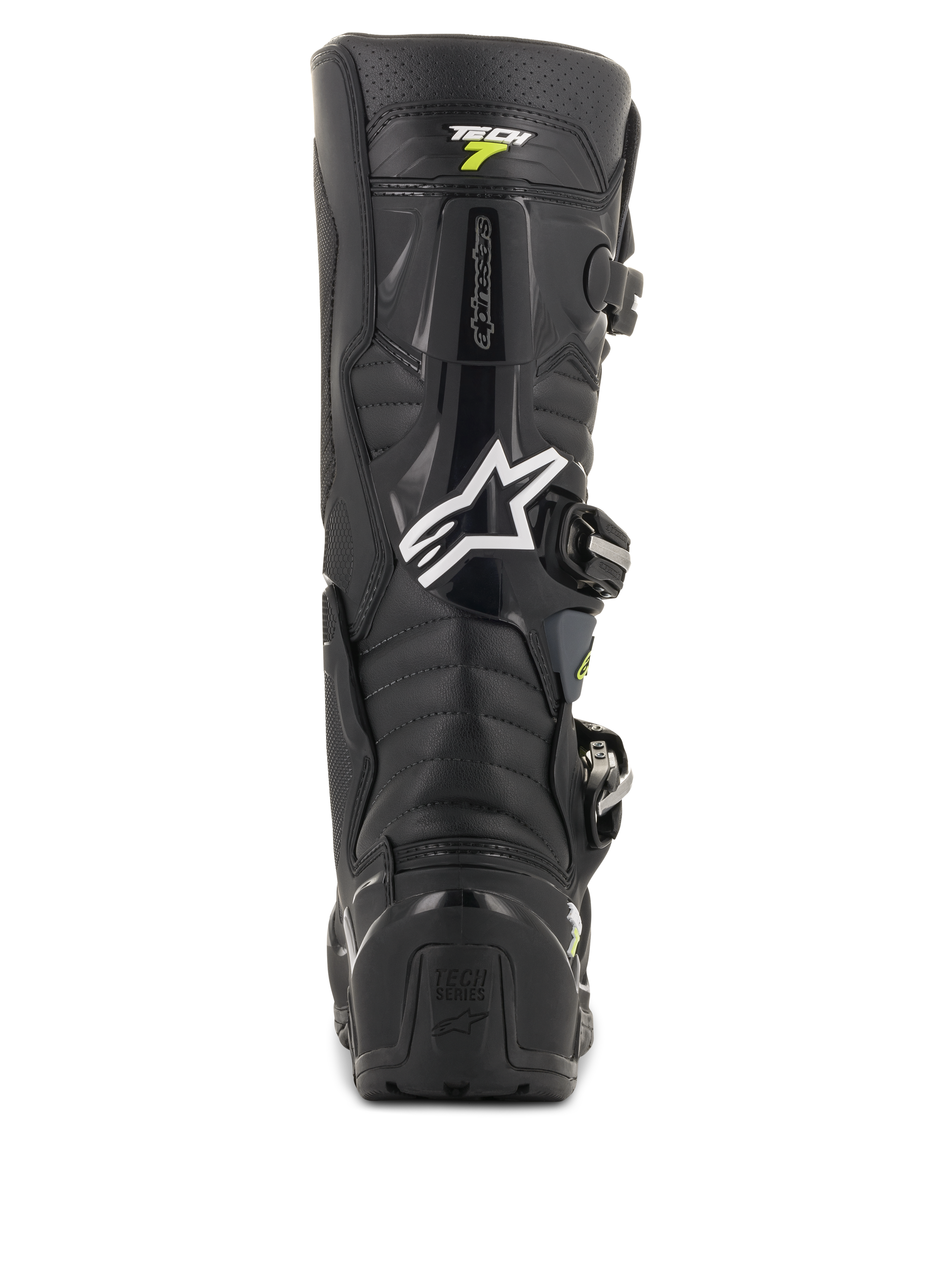 Bottes Alpinestars Tech 7 Enduro Drystar, bottes de motocross noires et grises, vue arrière présentant le logo Alpinestars blanc et le marquage 'Tech 7', protection robuste du talon en TPU et construction renforcée pour une durabilité tout-terrain