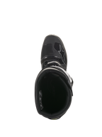 Bottes Alpinestars Tech 7 Enduro Drystar®, vue de dessus sur la doublure intérieure et le col de cheville rembourré, chaussures techniques tout-terrain noir et gris avec système de boucles sécurisé