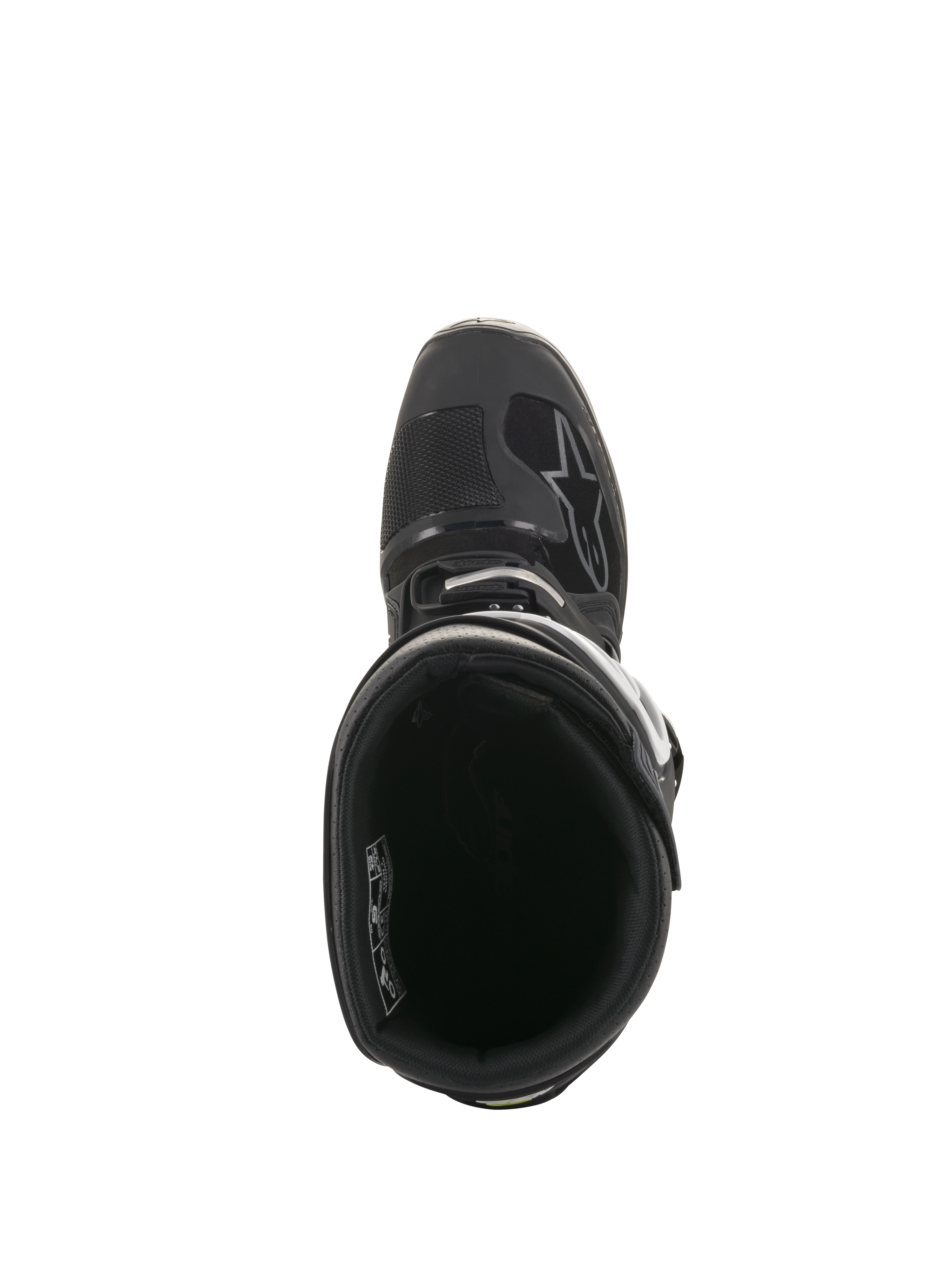 Bottes Alpinestars Tech 7 Enduro Drystar®, vue de dessus sur la doublure intérieure et le col de cheville rembourré, chaussures techniques tout-terrain noir et gris avec système de boucles sécurisé