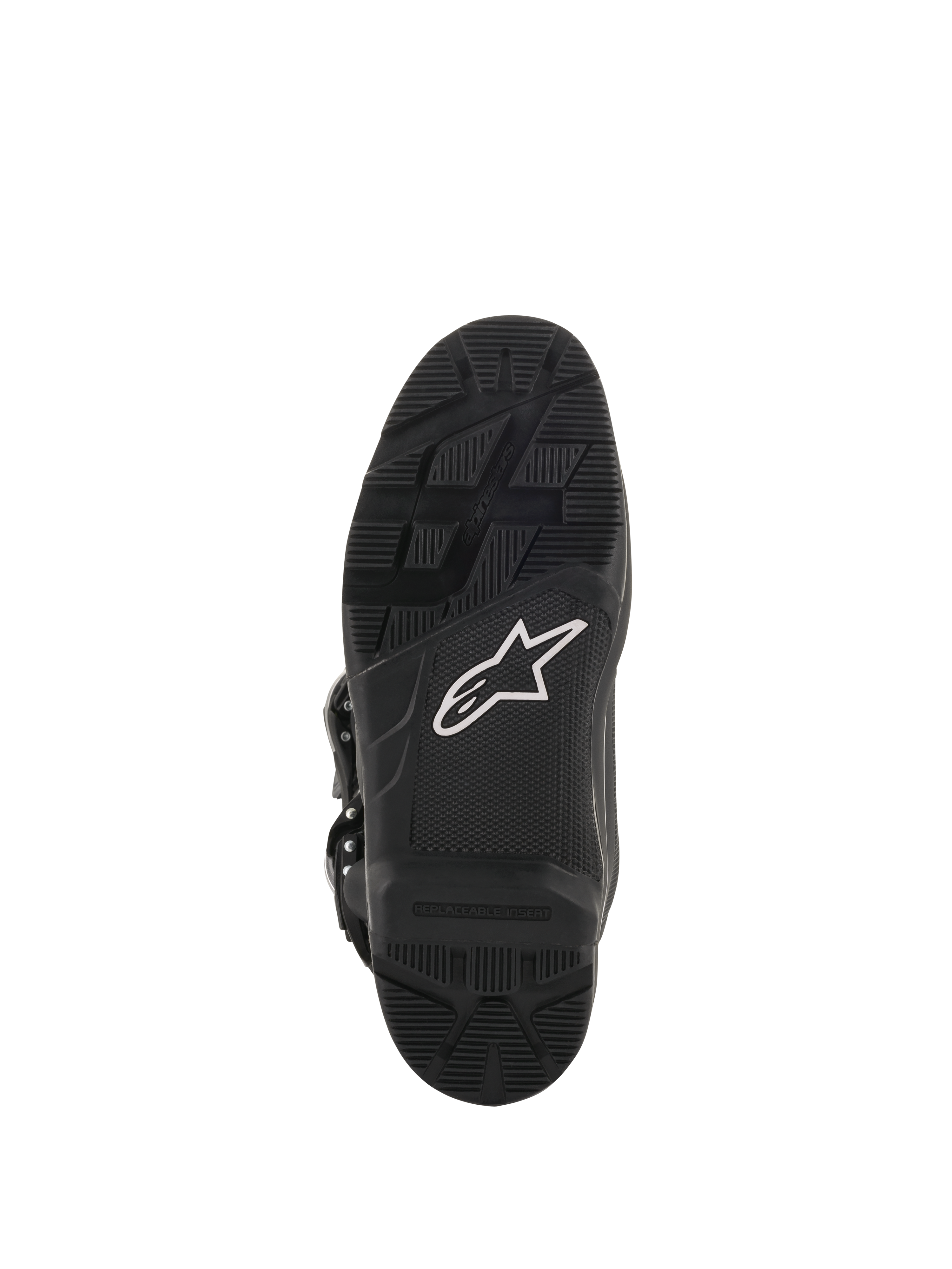 Bottes Alpinestars Tech 7 Enduro Drystar®, bottes de motocross et d'enduro, vue de la semelle en noir, composé de caoutchouc à haute adhérence avec logo étoile blanc et insert remplaçable pour des performances tout-terrain durables